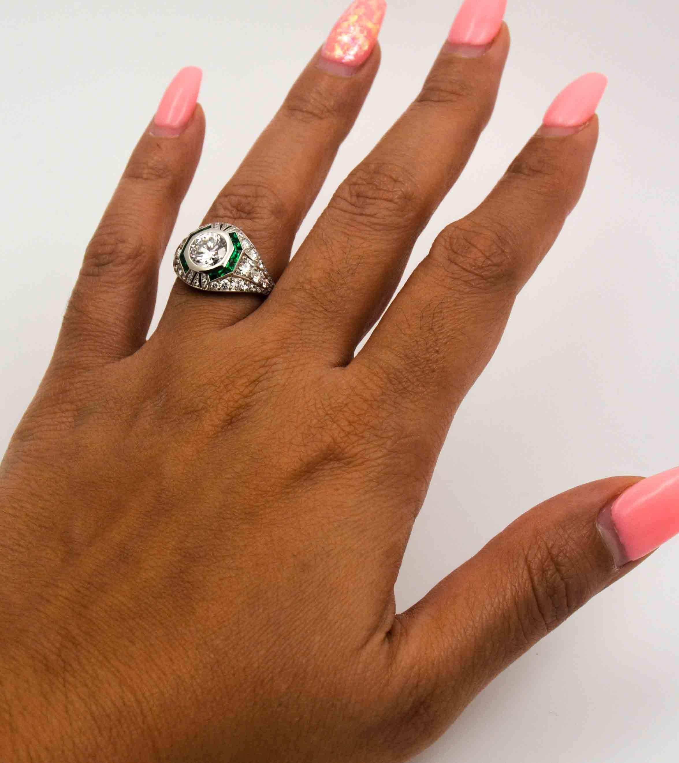1.58 Carat Round Diamond Emerald Halo Engagement Platinum Ring 2