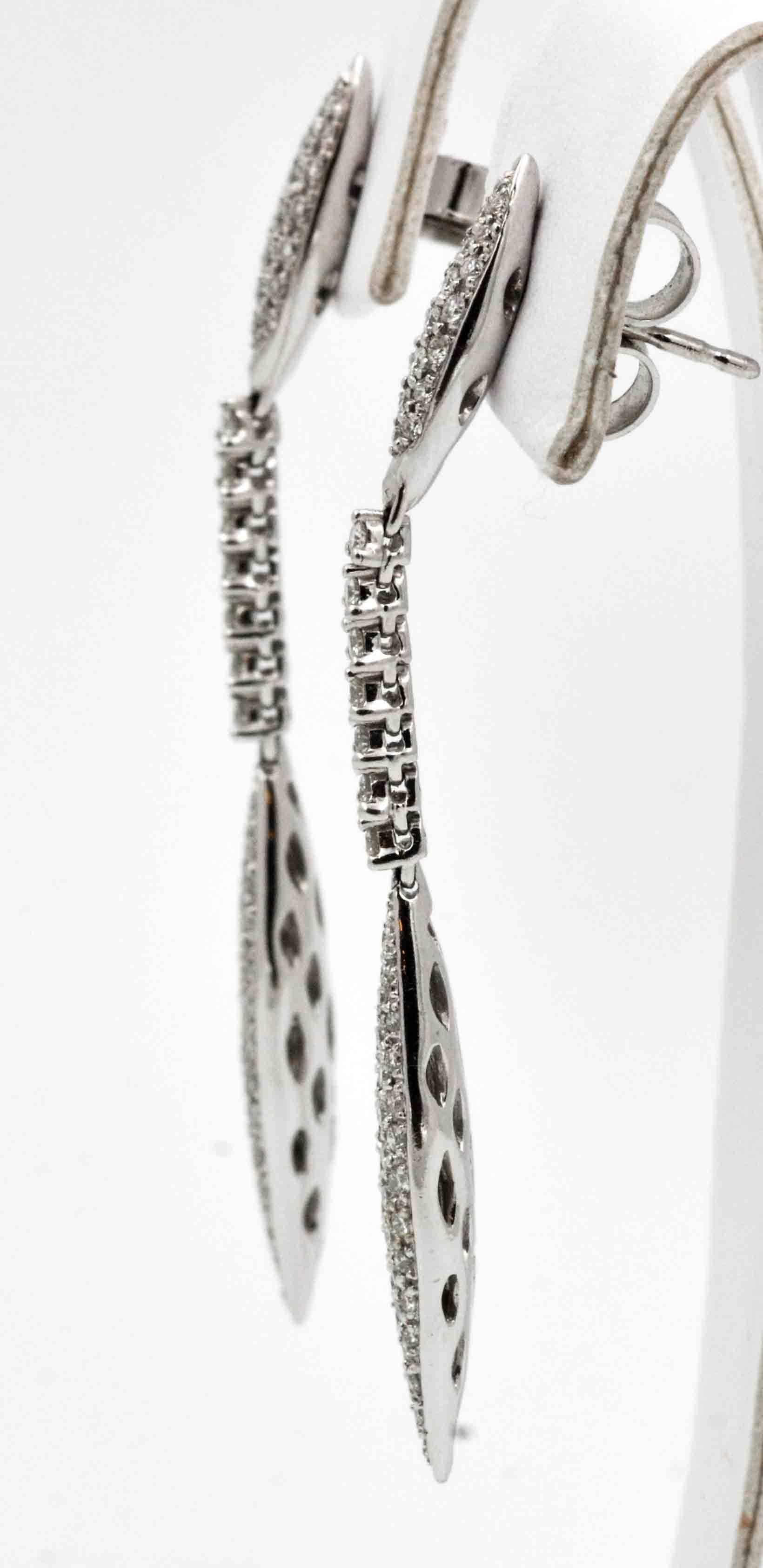 Modern Ladies 18 Karat White Gold and Pave Diamond Marquise Dangle Earrings