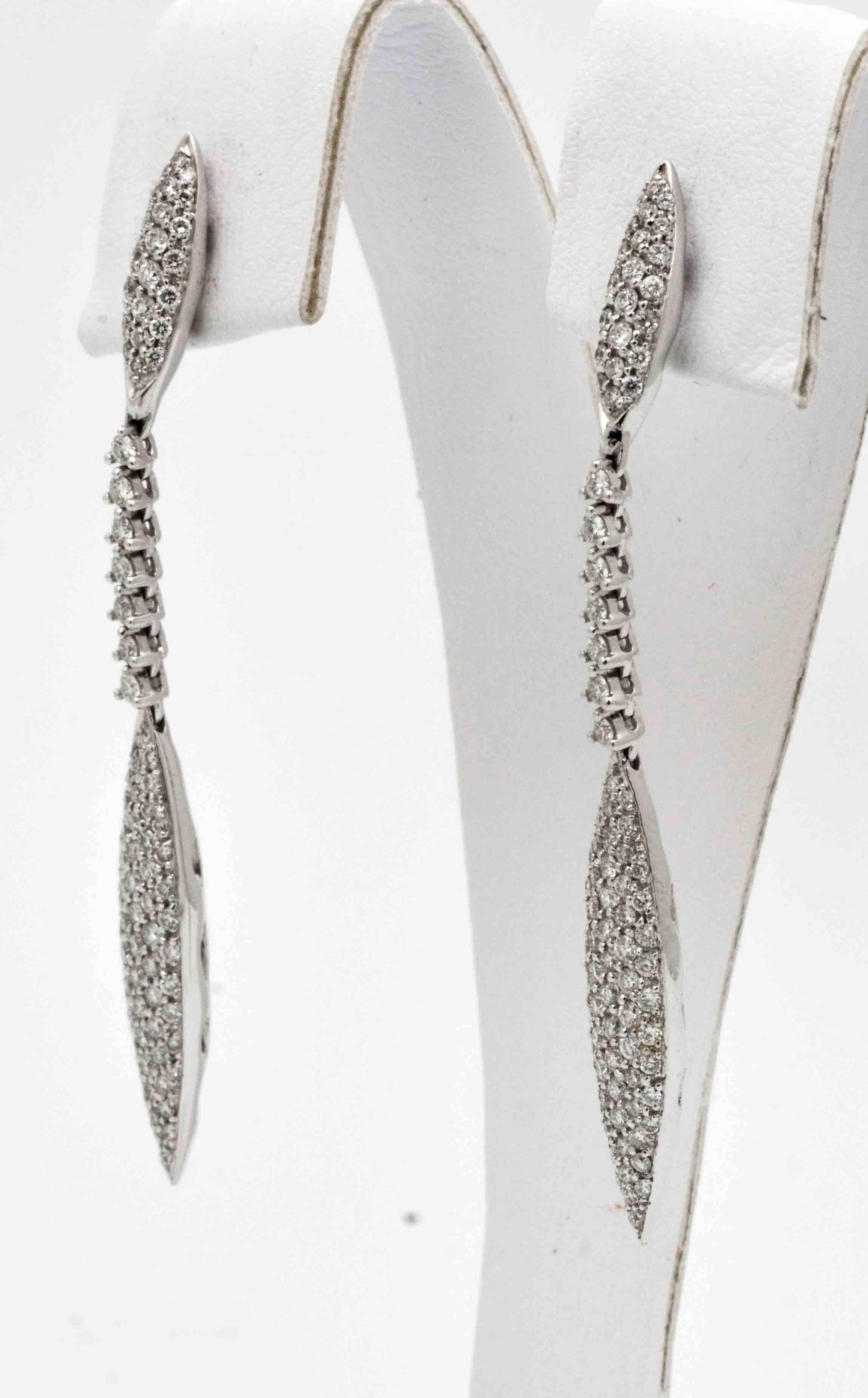 Ladies 18 Karat White Gold and Pave Diamond Marquise Dangle Earrings 1
