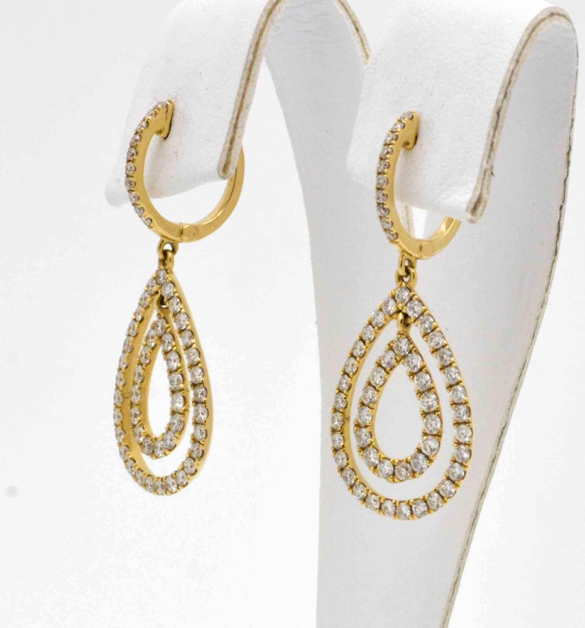 Modern 18 Karat Yellow Gold and Diamond Drop Earrings
