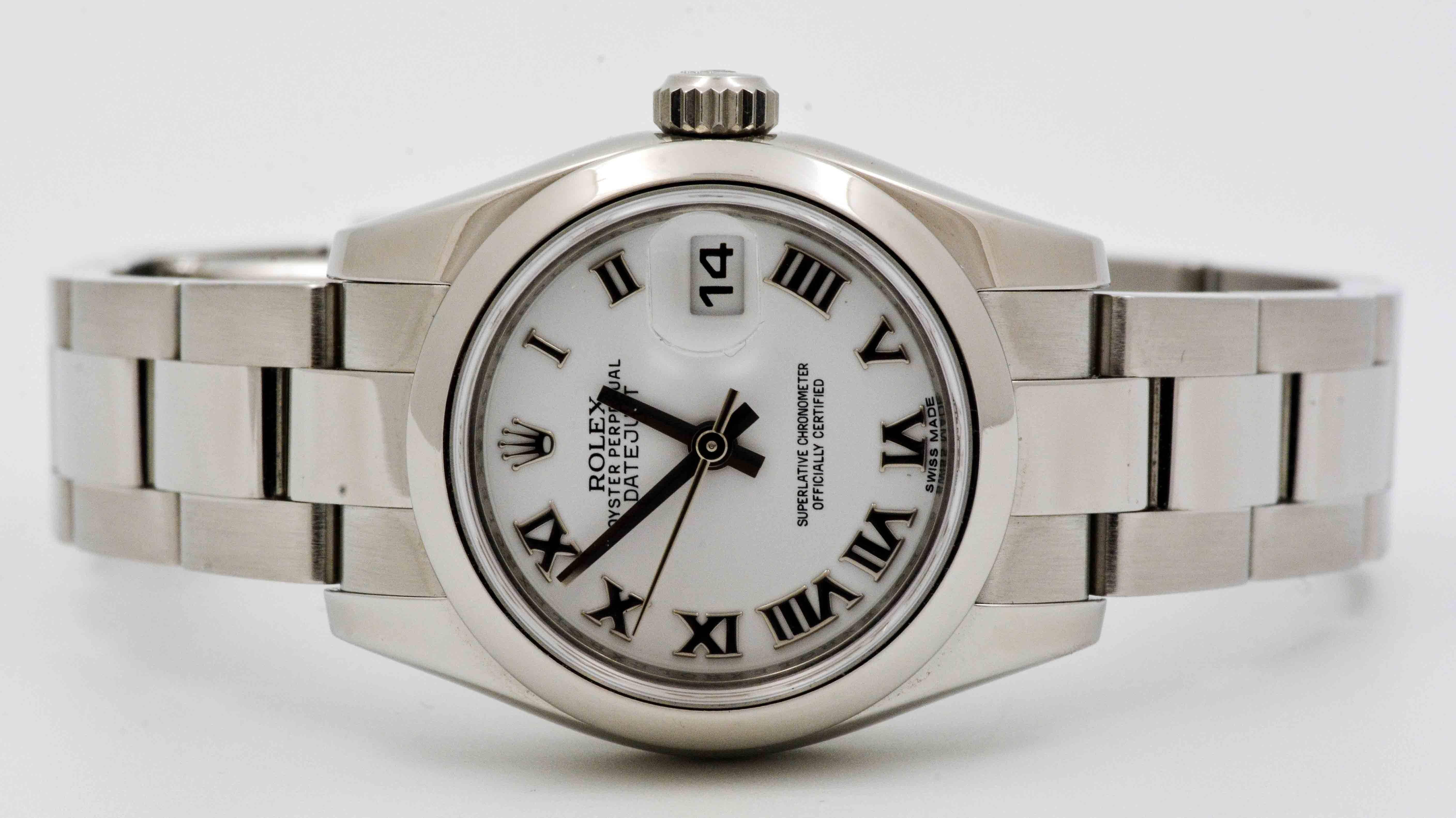 Celebrated by elegance and functionality, this Rolex DateJust Watch is suitable for any occasion. Rolex DateJust watch has an automatic movement, a white Roman numeral dial with a domed bezel and durable sapphire crystal measuring 26 mm and sports a