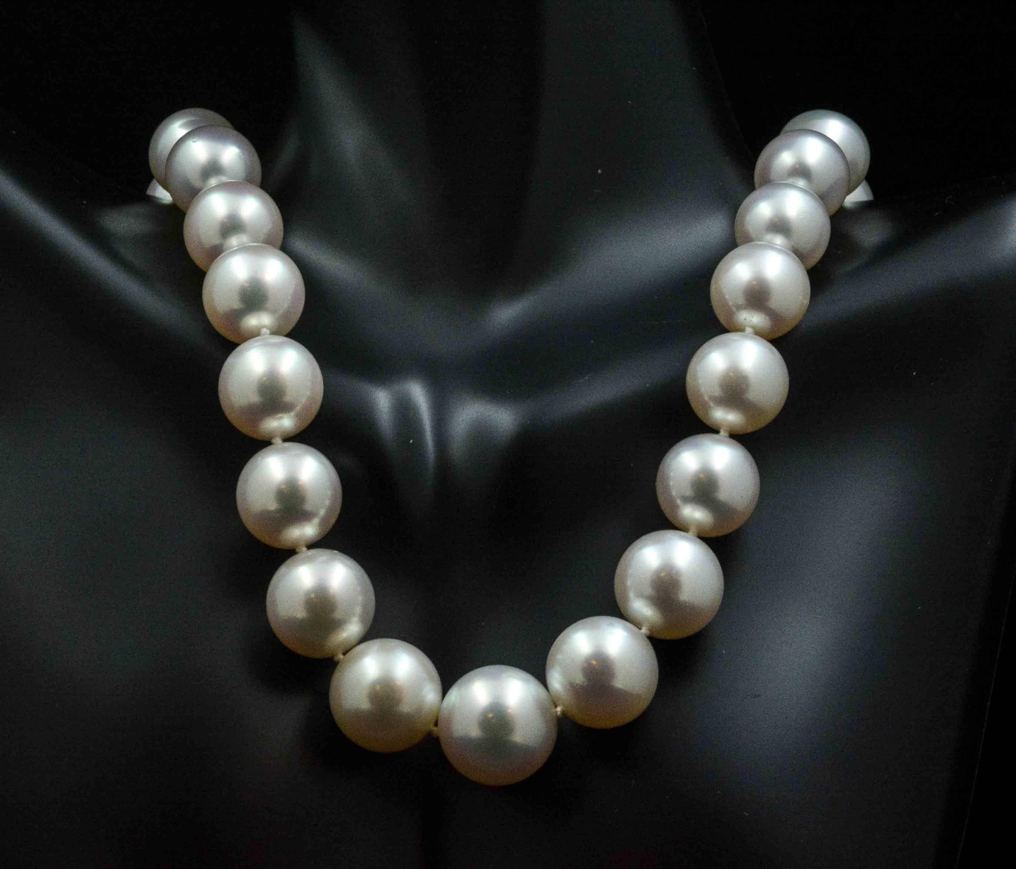 Much larger than the average pearl, the smoothness and roundness of these pearls are exceptional. These are the most rare and extraordinary pearls you'll find in jewelry. The pearls measure 11 to 15.5 mm in a 17.5 inch strand. This South Sea Pearls