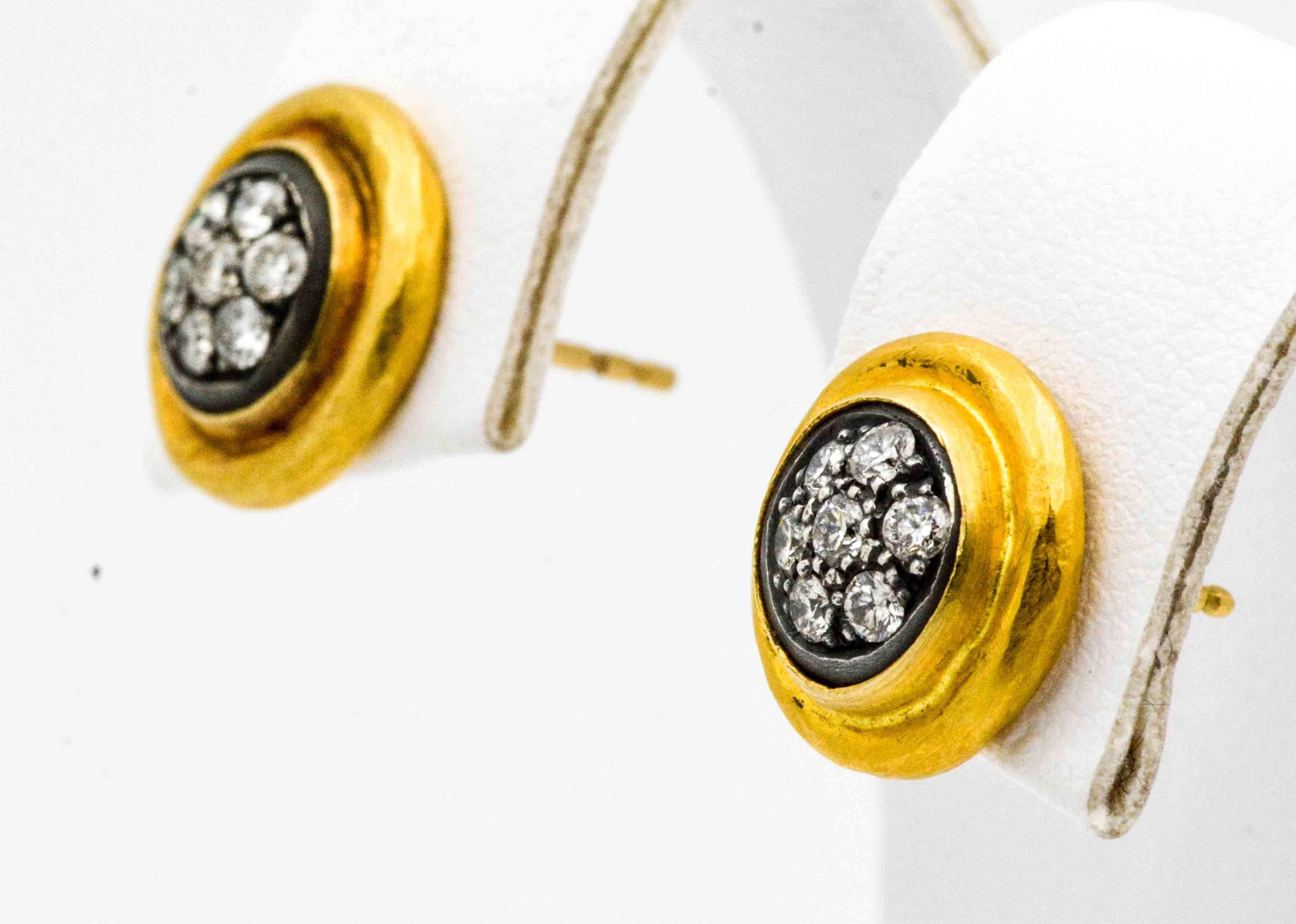 Etruscan Revival Lika Behar 24 Karat Gold, Sterling Silver 0.48 Carat Diamond Stud Earrings