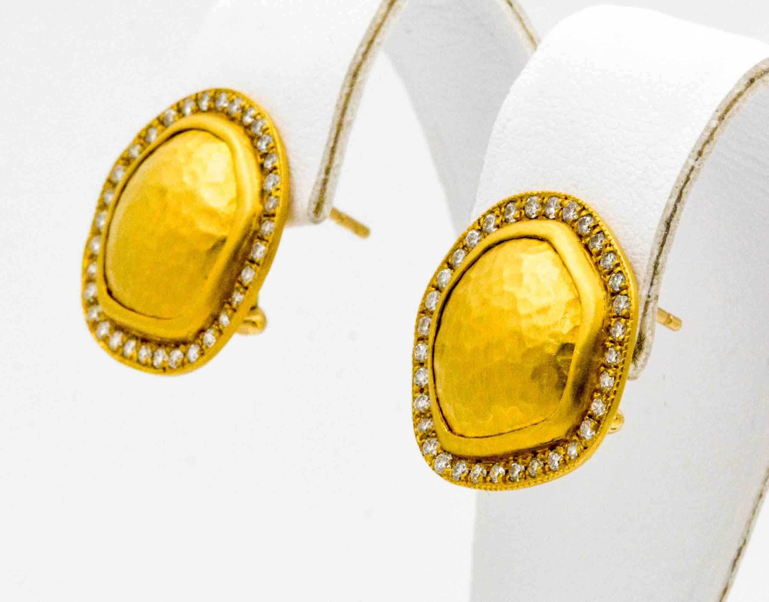 Byzantine Lika Behar Reflections .74 Carat Diamonds Hammered 22K Yellow Gold Disc Earrings