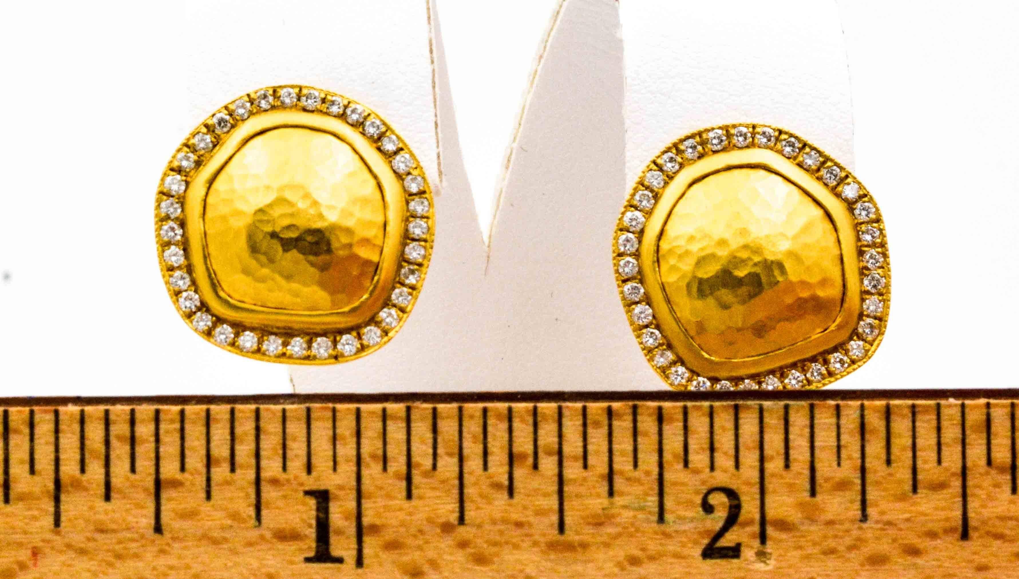 What a brilliant way to wear gold in these, Lika Behar crafted earrings.  In her classic hammered and matte finished gold style, Lika Behar created an irregular domed shaped disc. Accenting the domed disc is a sensational diamond border that