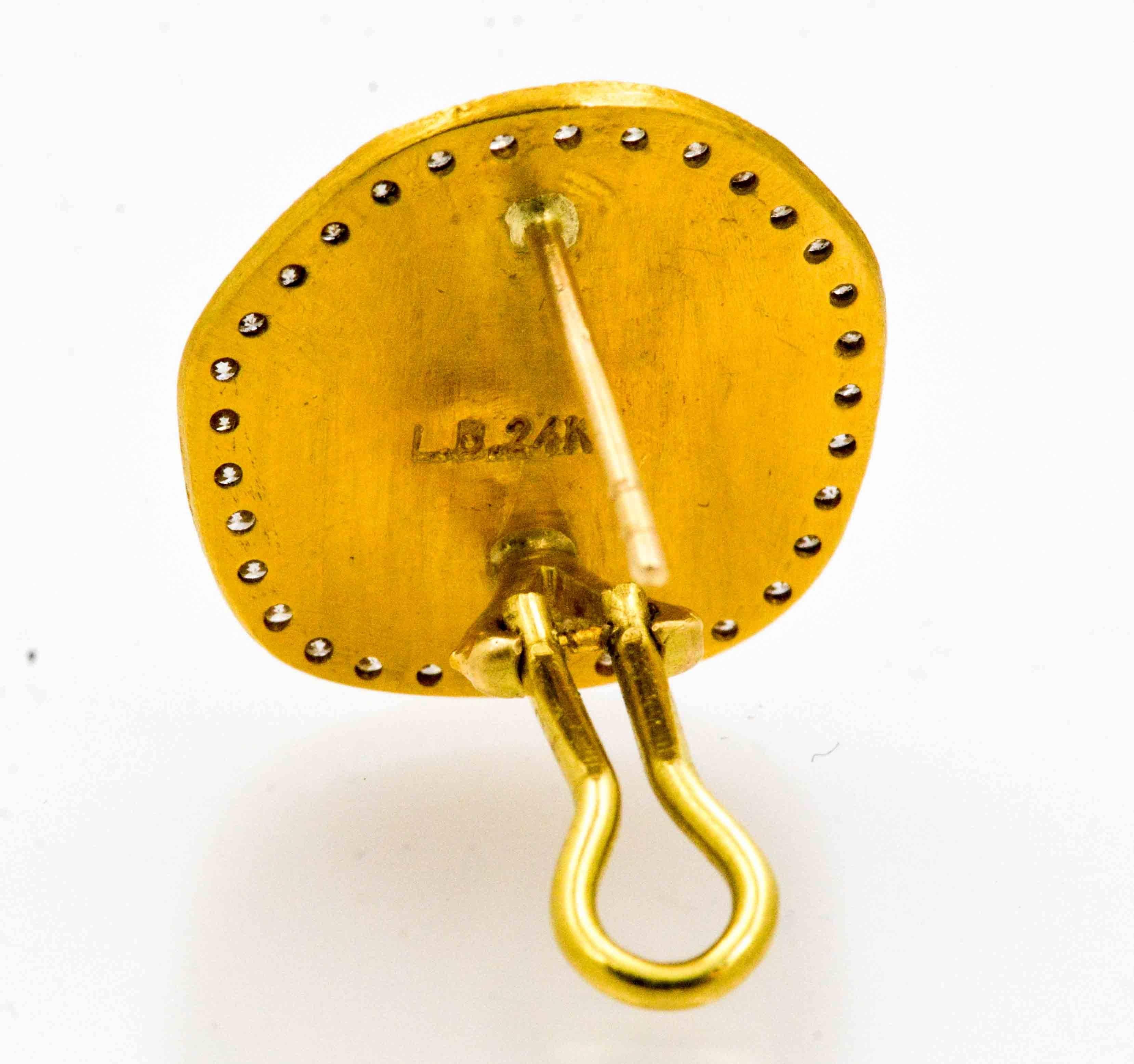 Women's Lika Behar Reflections .74 Carat Diamonds Hammered 22K Yellow Gold Disc Earrings