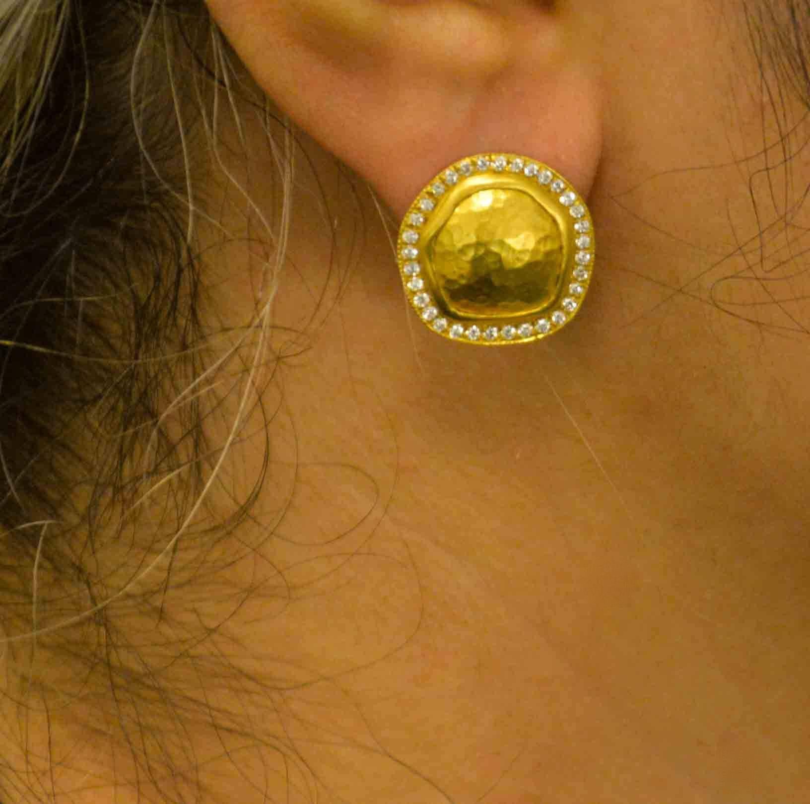 Lika Behar Reflections .74 Carat Diamonds Hammered 22K Yellow Gold Disc Earrings 2