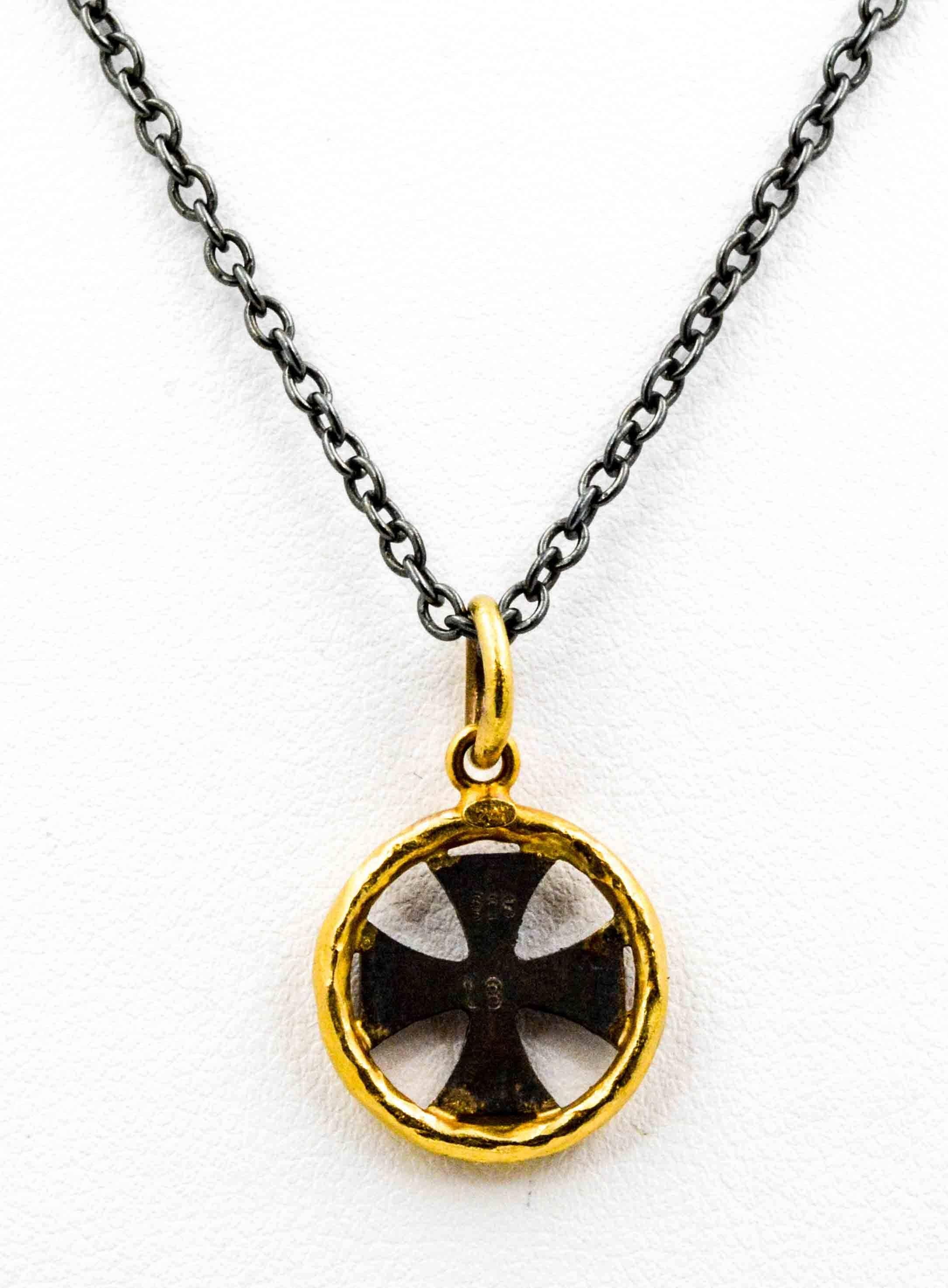 Etruscan Revival Lika Behar 24 KY Gold, Sterling Silver Maltese Cross Pendant, 0.18 Ct Diamonds