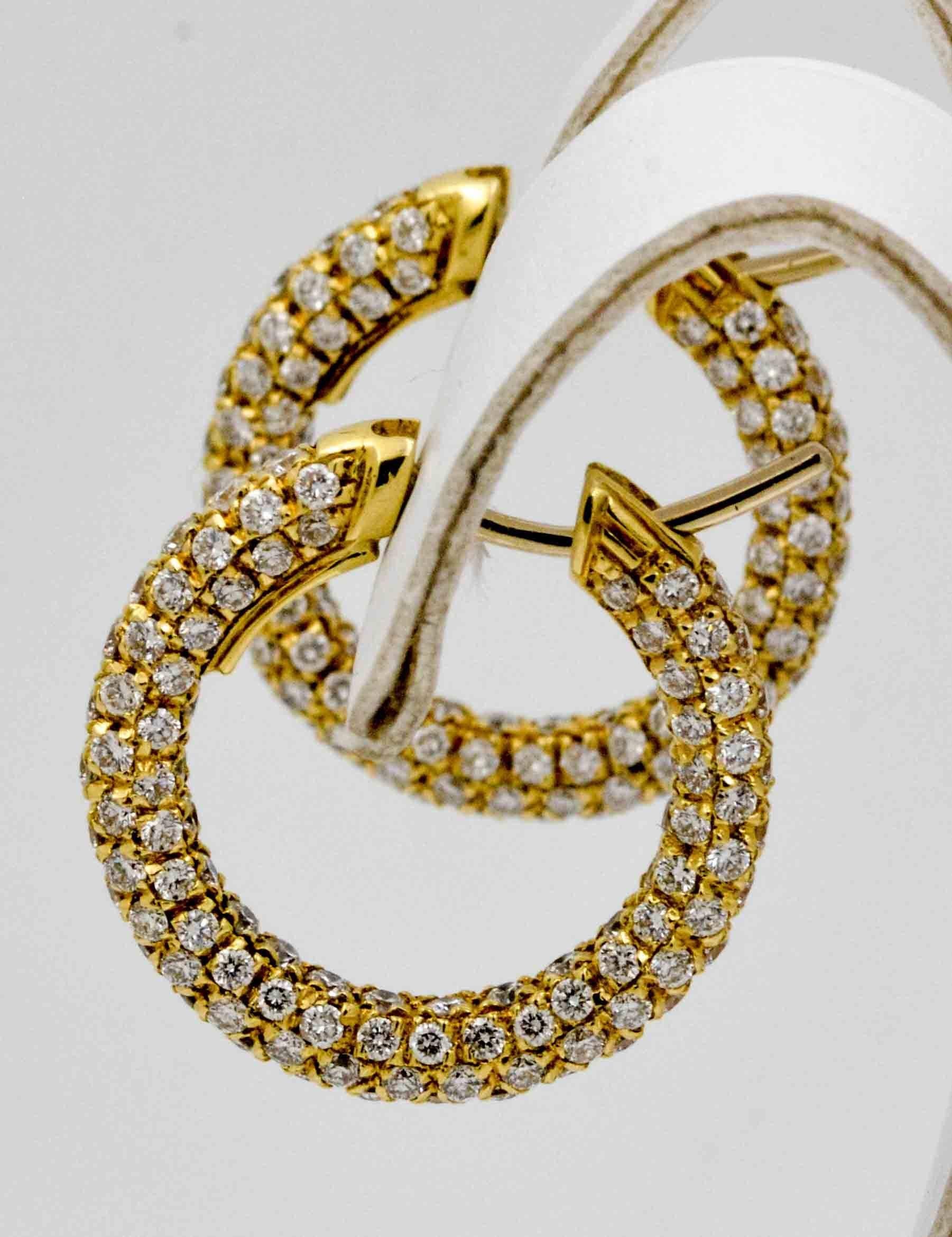 Round Cut 3.82 Carat Diamond 18 Karat Yellow Gold Hoop Earrings
