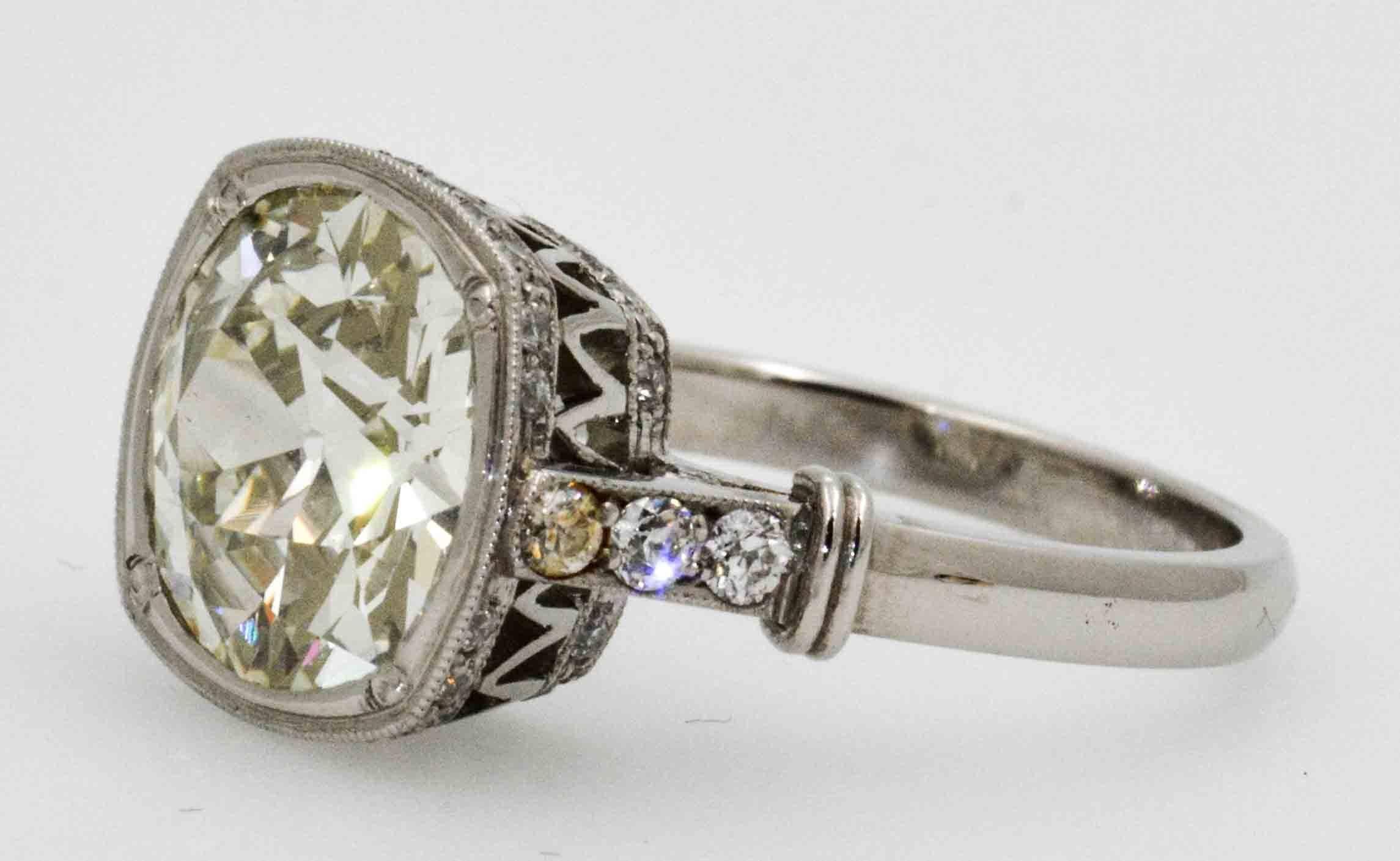 Art Deco 3.86 Carat Old European Cut Diamond Platinum Engagement Ring