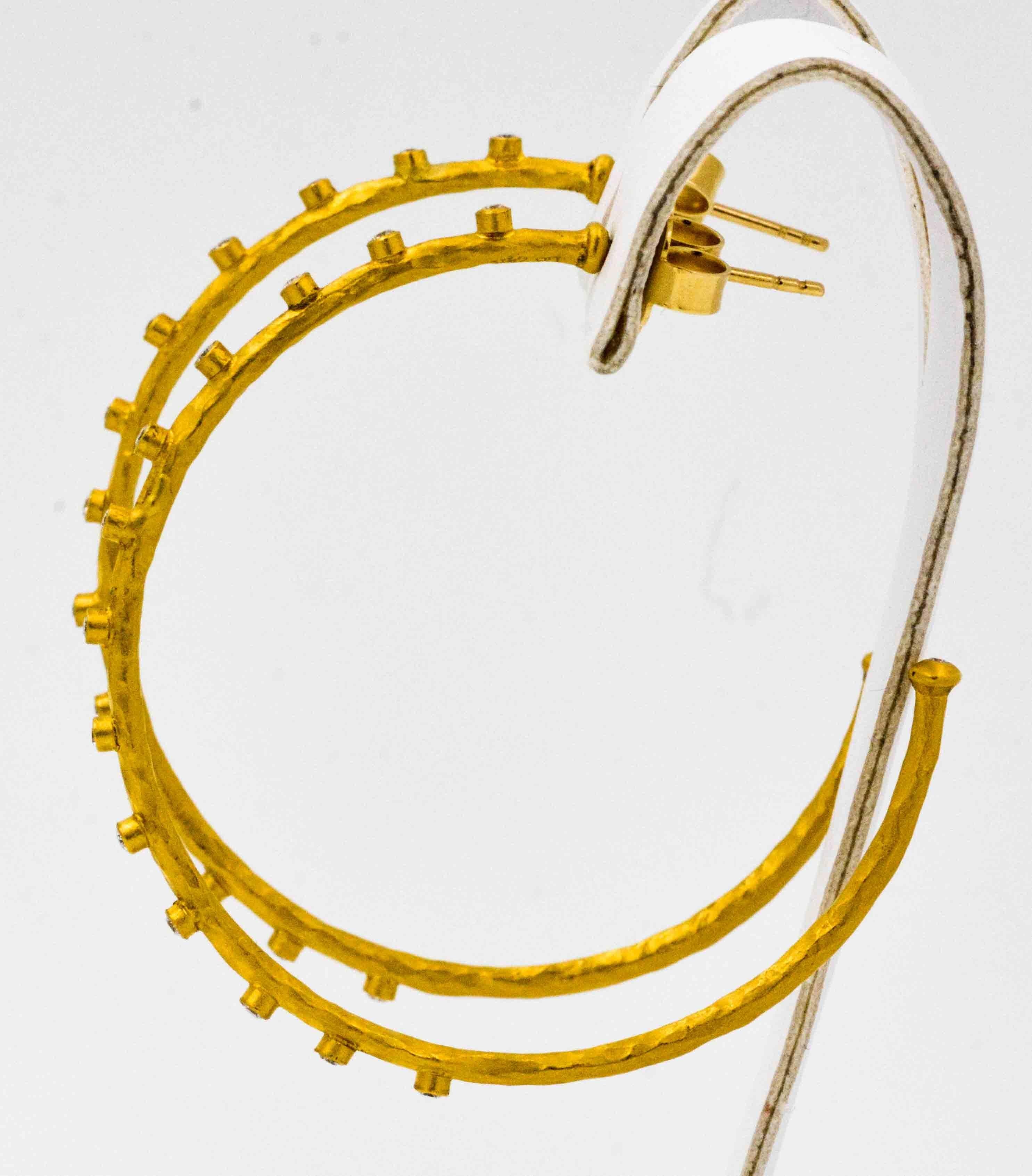 Etruscan Revival 24 Karat Yellow Gold 0.41 Carat Diamonds Hoop Earrings