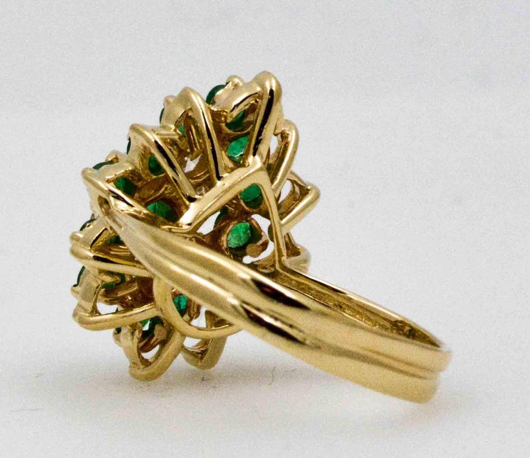 14 Karat Yellow Gold Emerald and Diamond Cocktail Ring In Excellent Condition In Dallas, TX
