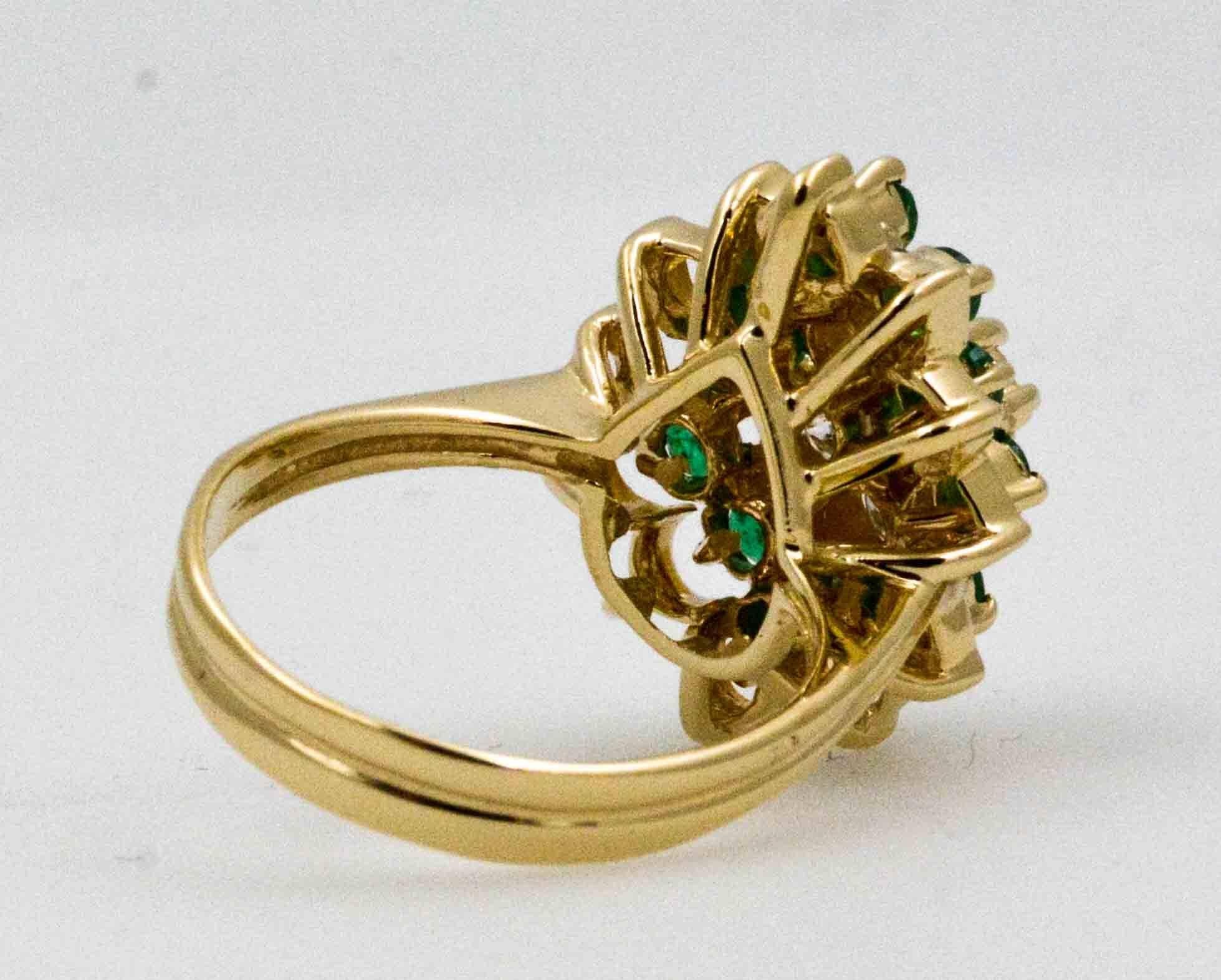 Women's 14 Karat Yellow Gold Emerald and Diamond Cocktail Ring