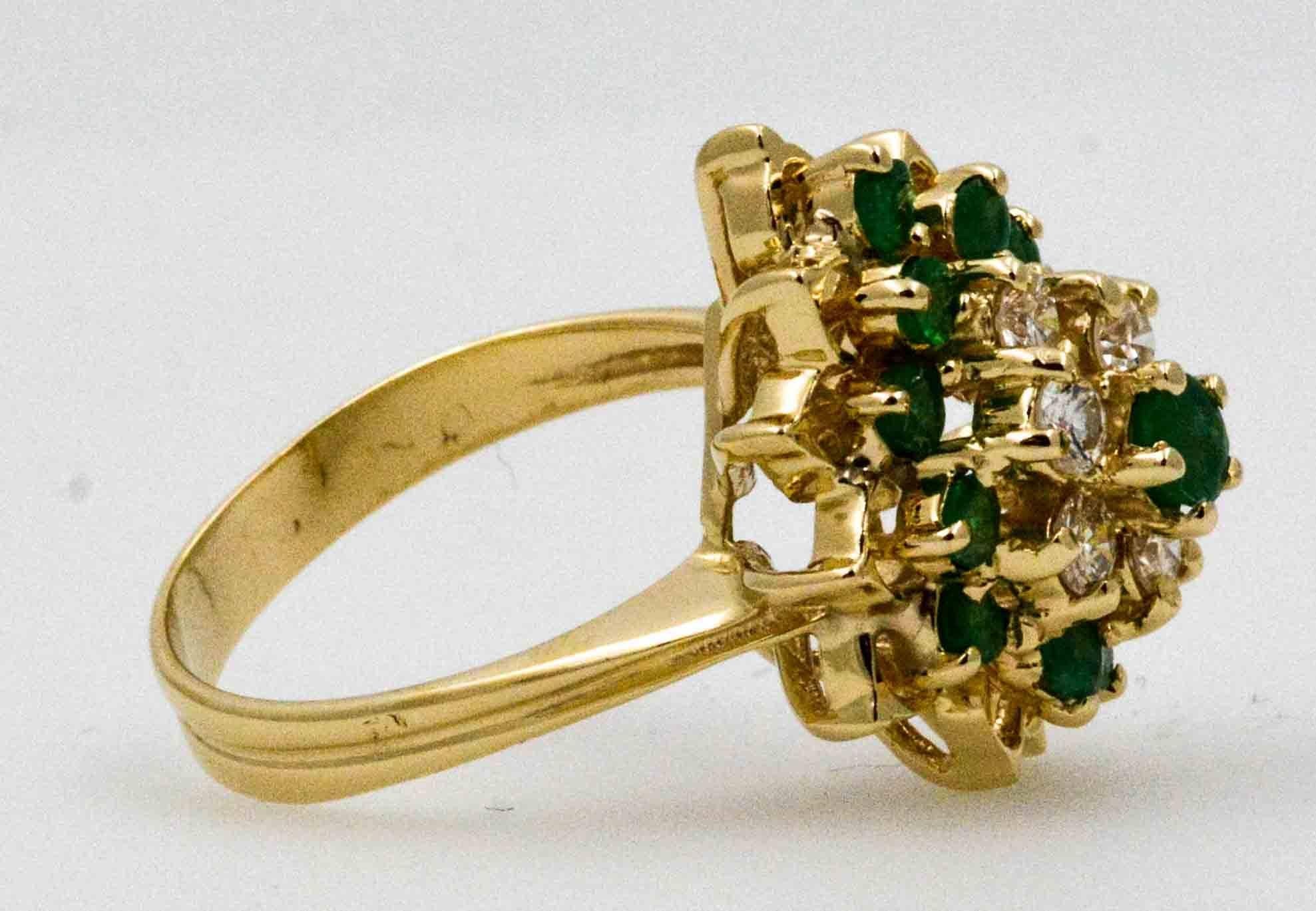 14 Karat Yellow Gold Emerald and Diamond Cocktail Ring 1