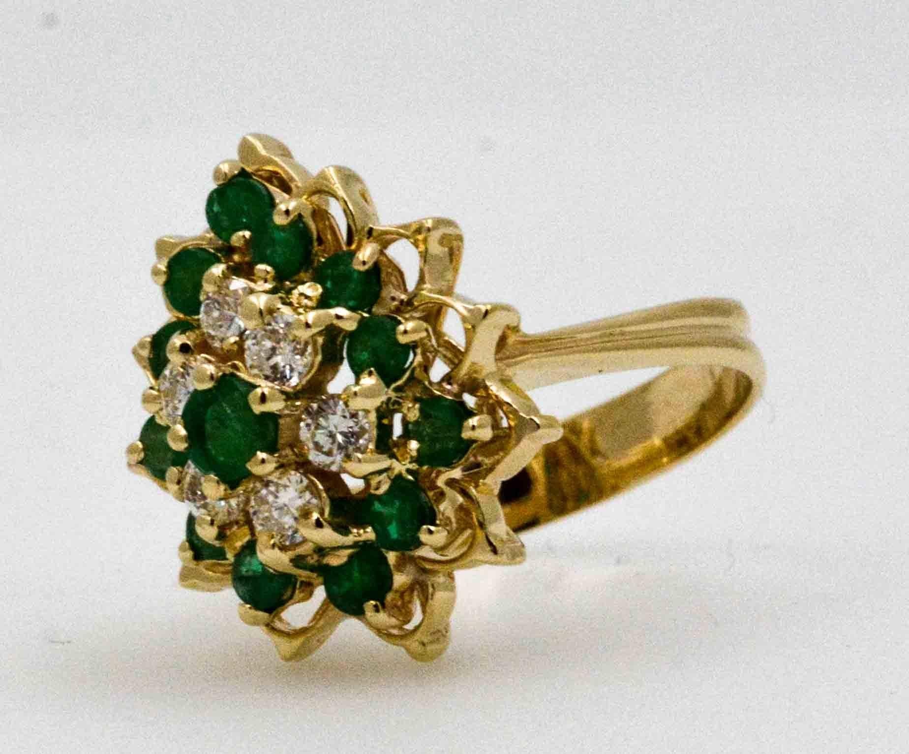 Modern 14 Karat Yellow Gold Emerald and Diamond Cocktail Ring