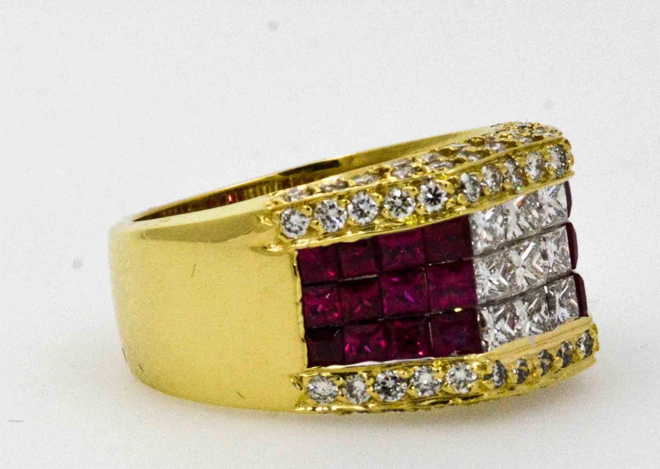 Princess Cut 1.68 ctw Diamond 1.50 ctw Ruby 18 KY Gold Cocktail Ring