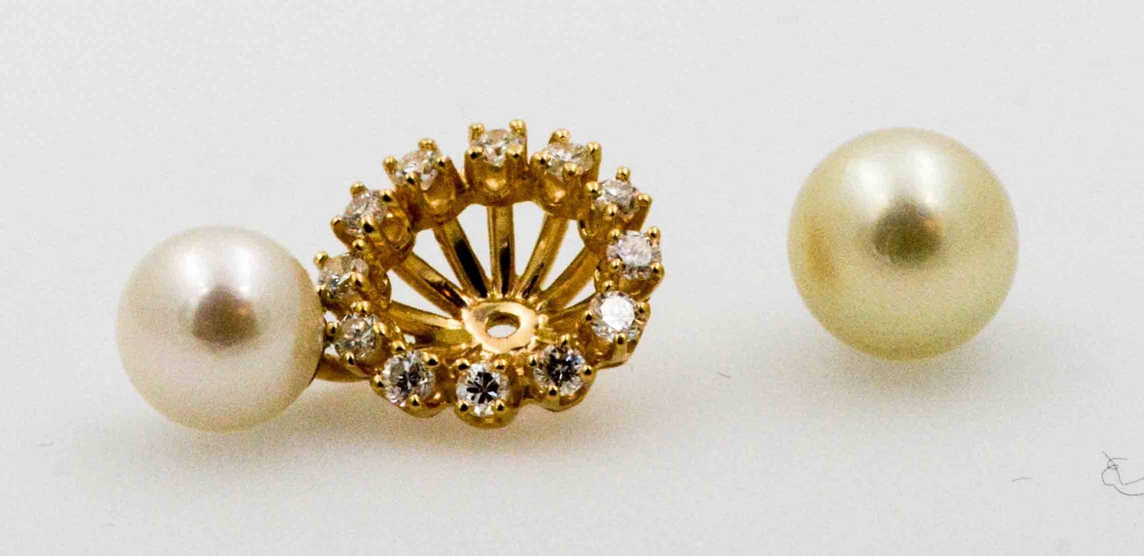 Twice and nice and oh, so elegant! Crafted in 14 karat yellow gold, these diamond earring jackets complement pearl studs with pearl drops incredibly well. Dressing for a formal or informal occasion becomes effortless with this pair of stud earrings.