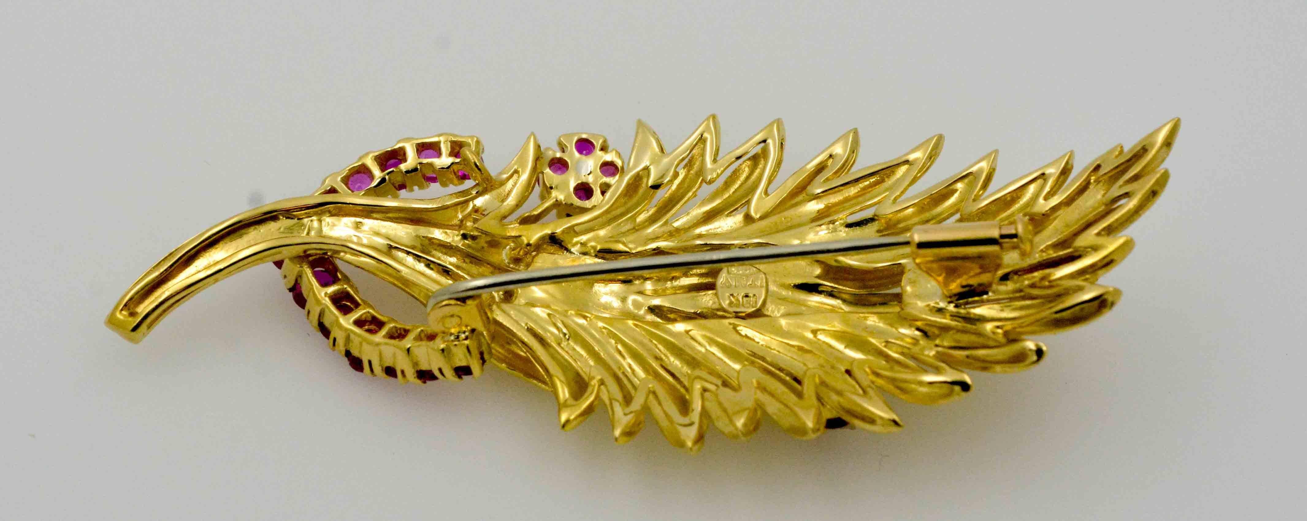 Retro 18K Yellow Gold Italian Ruby and Diamond Leaf Brooch