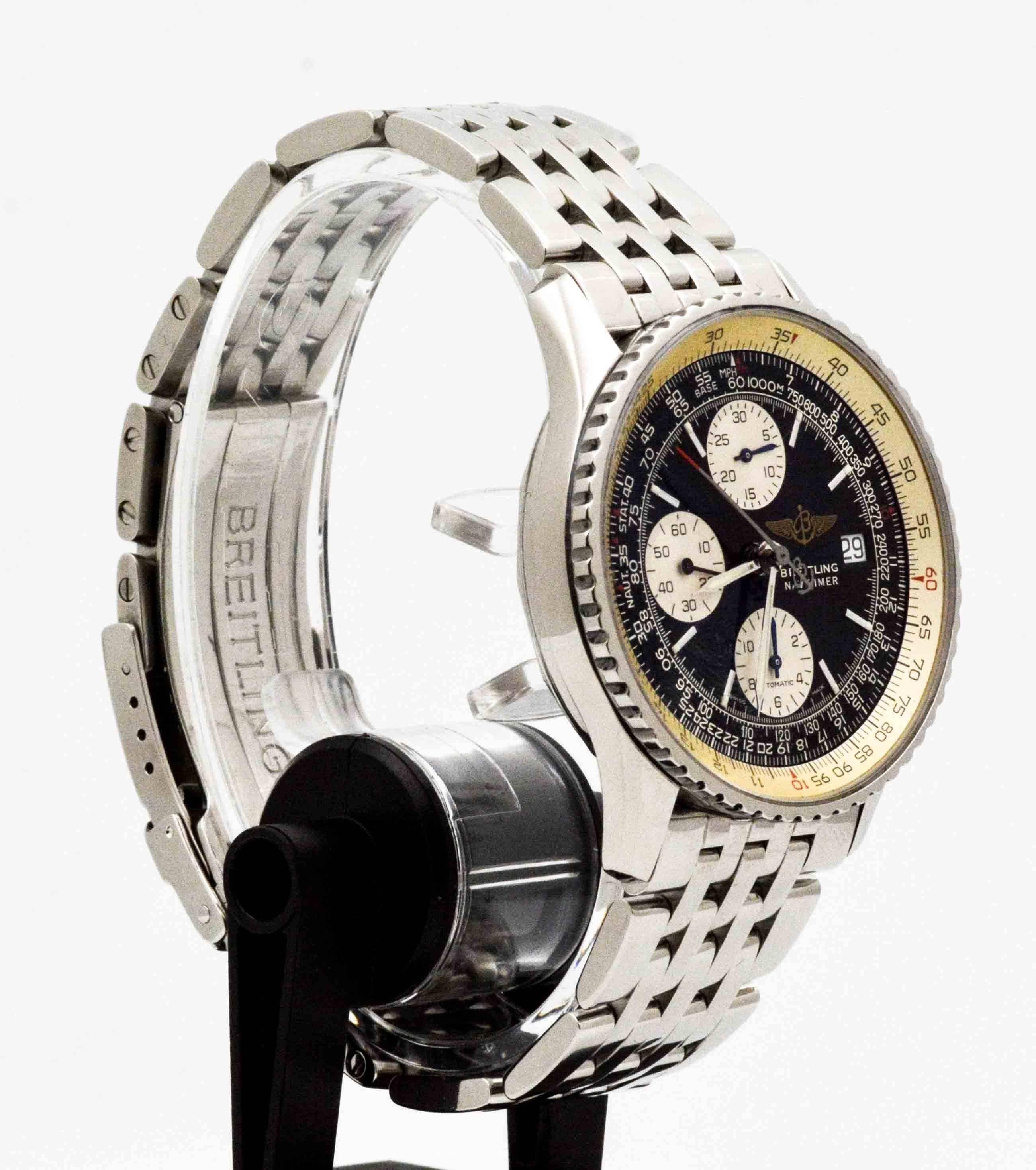 The Breitling Navitimer World travel watch features an extremely practical and easily readable dual timezone system. The selfwinding chronograph movement is protected by a 42 mm stainless steel case. The Breitling Navitimer has a black dial with 3