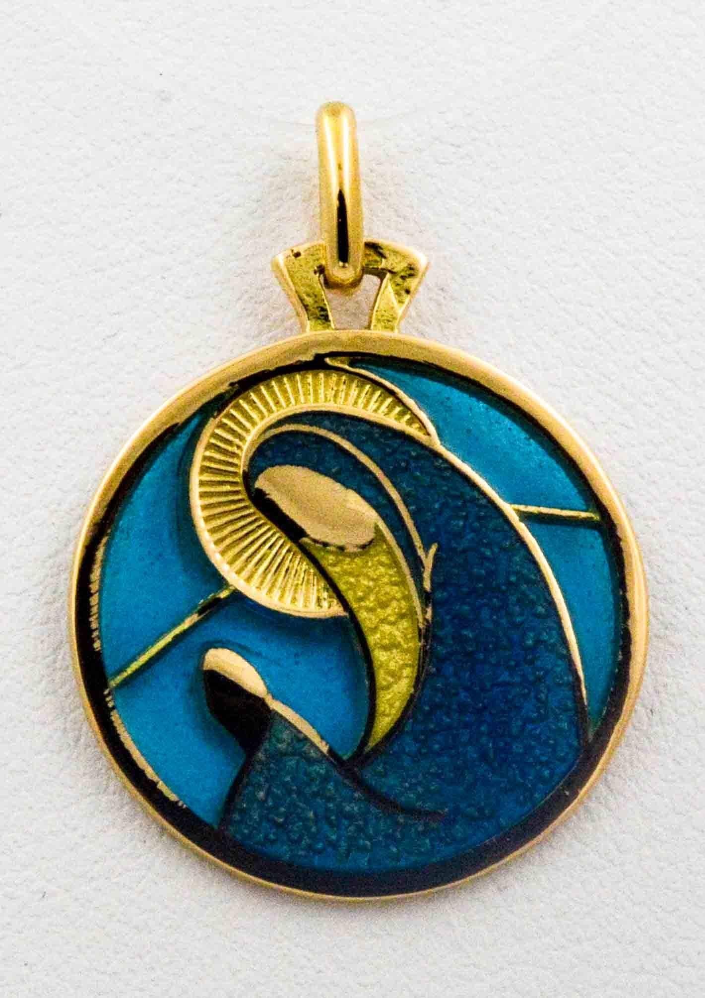 In calming blues, this hand enameled Plique a Jour Virgo pendant is light and delicate and crafted with intricate details in 18 karat yellow gold.  This pendant will delight the Virgo in your life.
