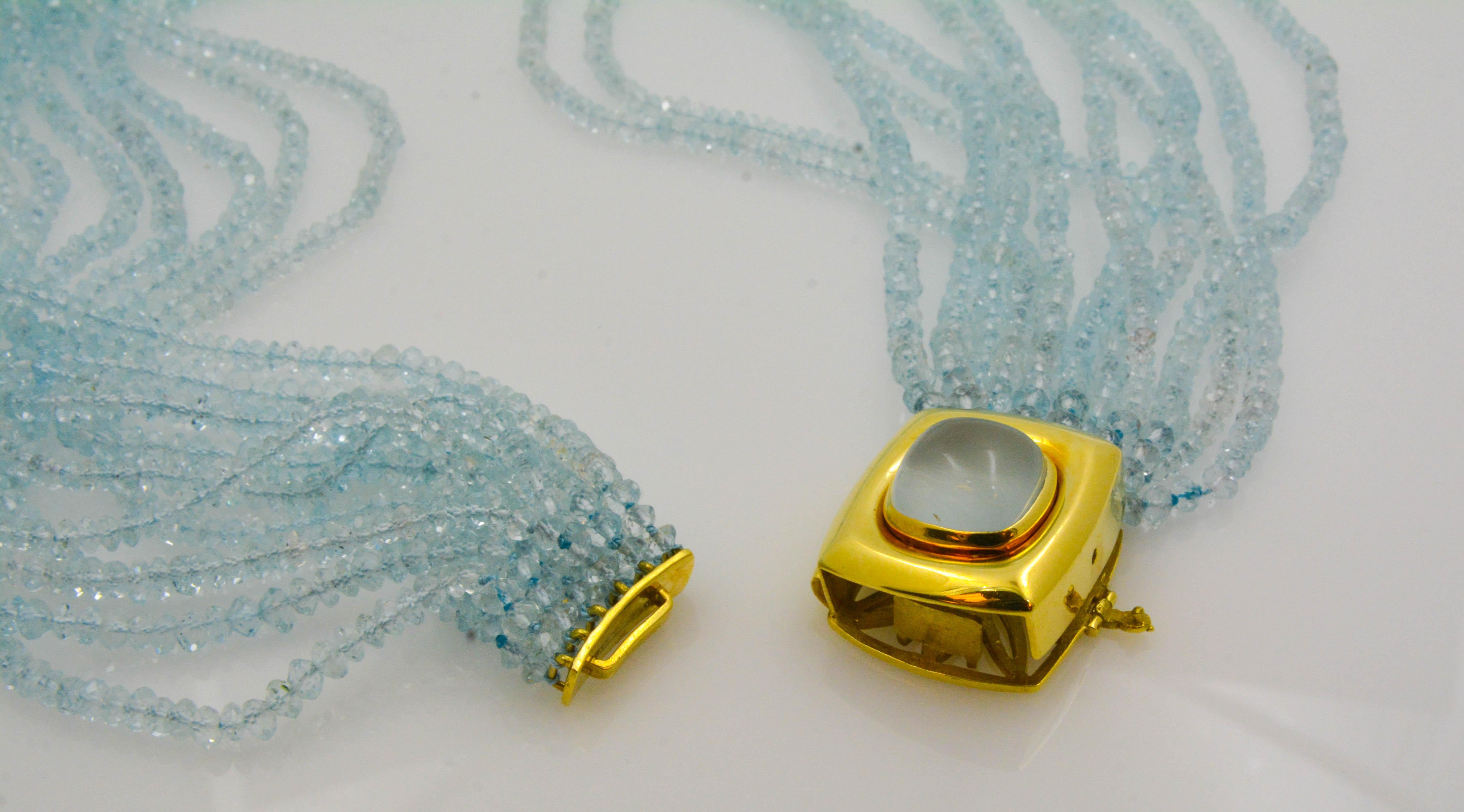 Round Cut Mazza Company 18 Karat Gold Aquamarine Strand Cabochon Clasp Bracelet/Necklace