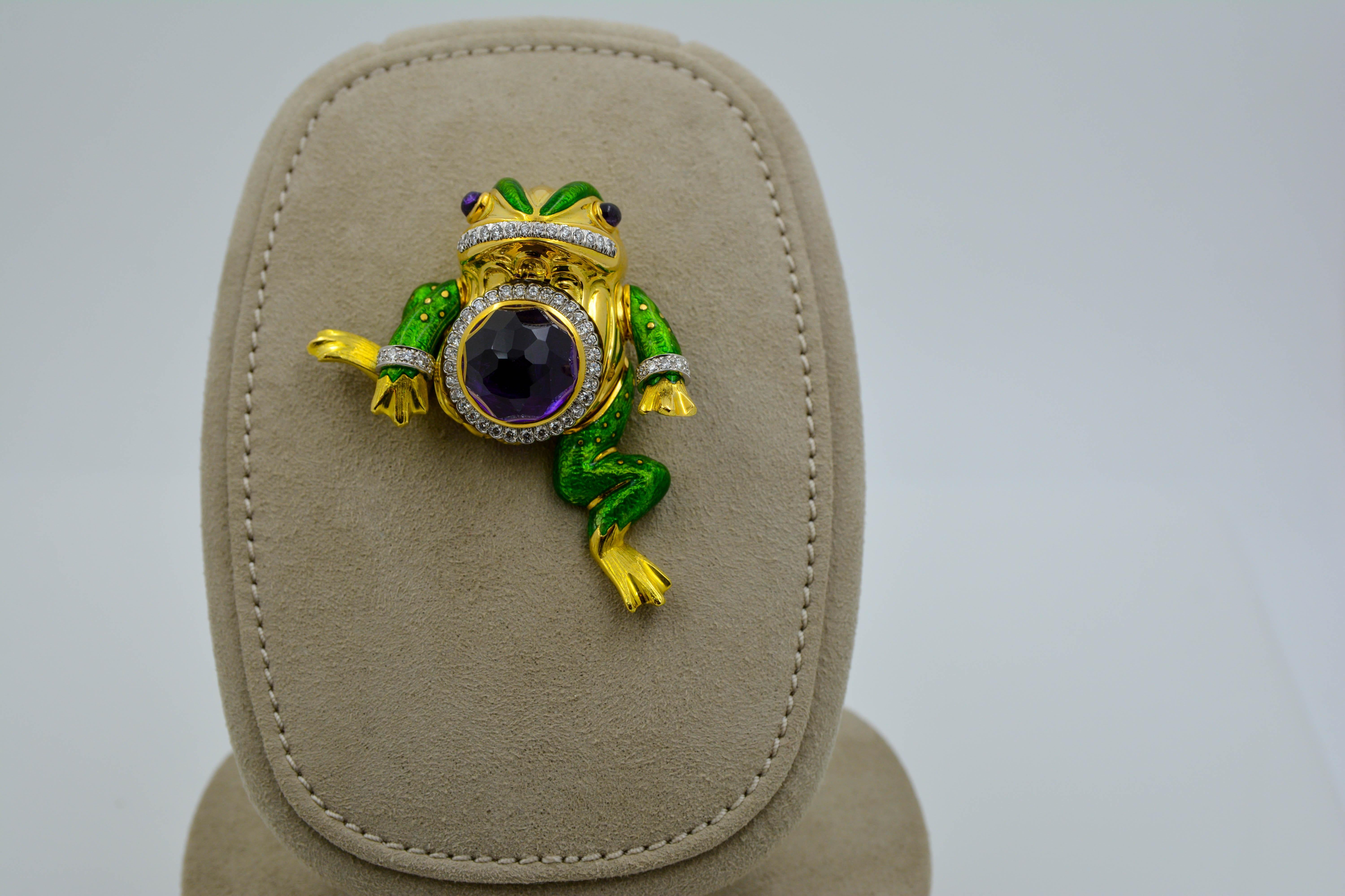 Modern David Webb 18 Karat Gold and Platinum 15.74 Carat Amethyst and Diamond Frog Pin