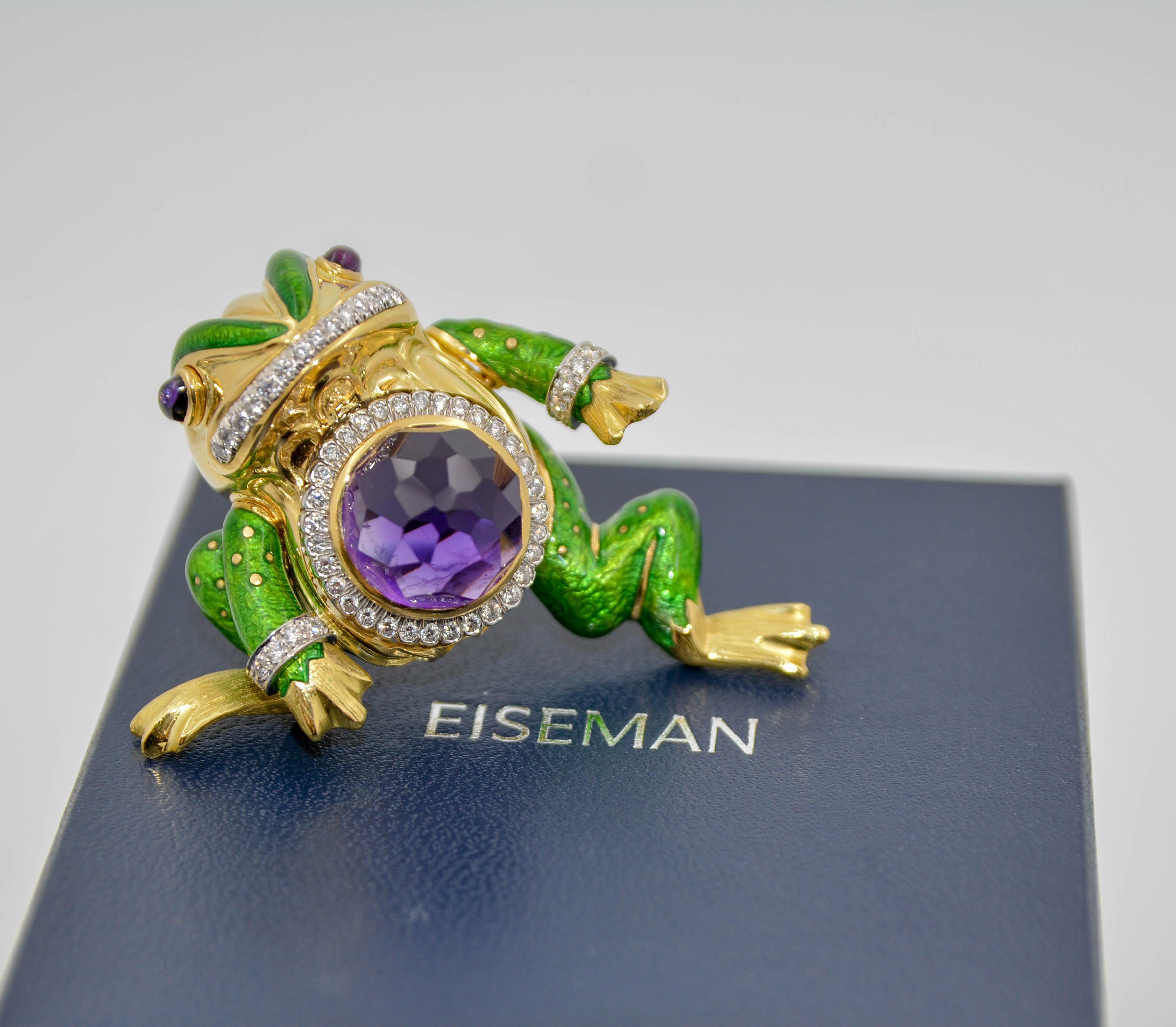 Round Cut David Webb 18 Karat Gold and Platinum 15.74 Carat Amethyst and Diamond Frog Pin