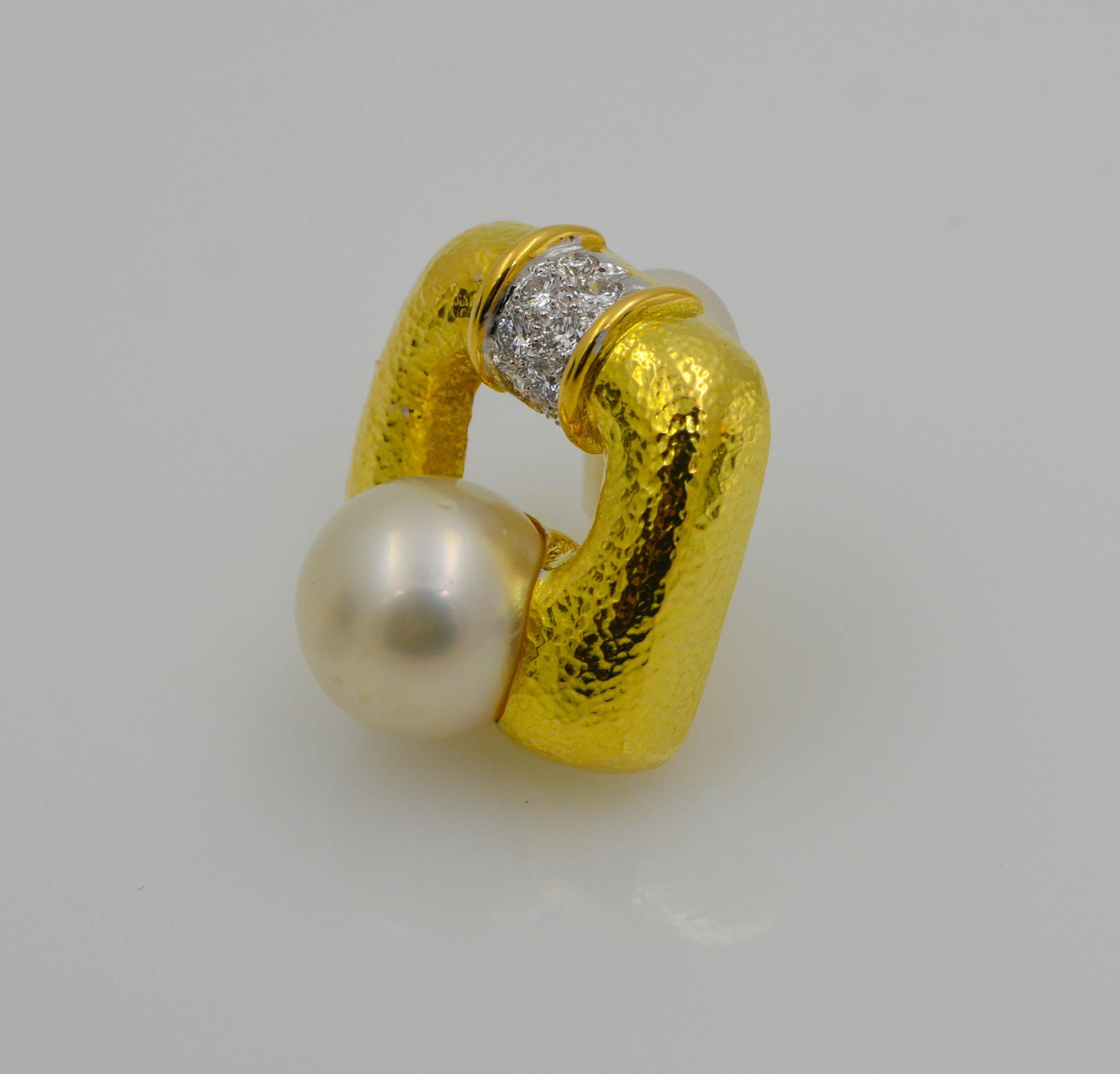 Round Cut David Webb 18 Karat Yellow Gold and Platinum South Sea Pearl Diamond Earrings