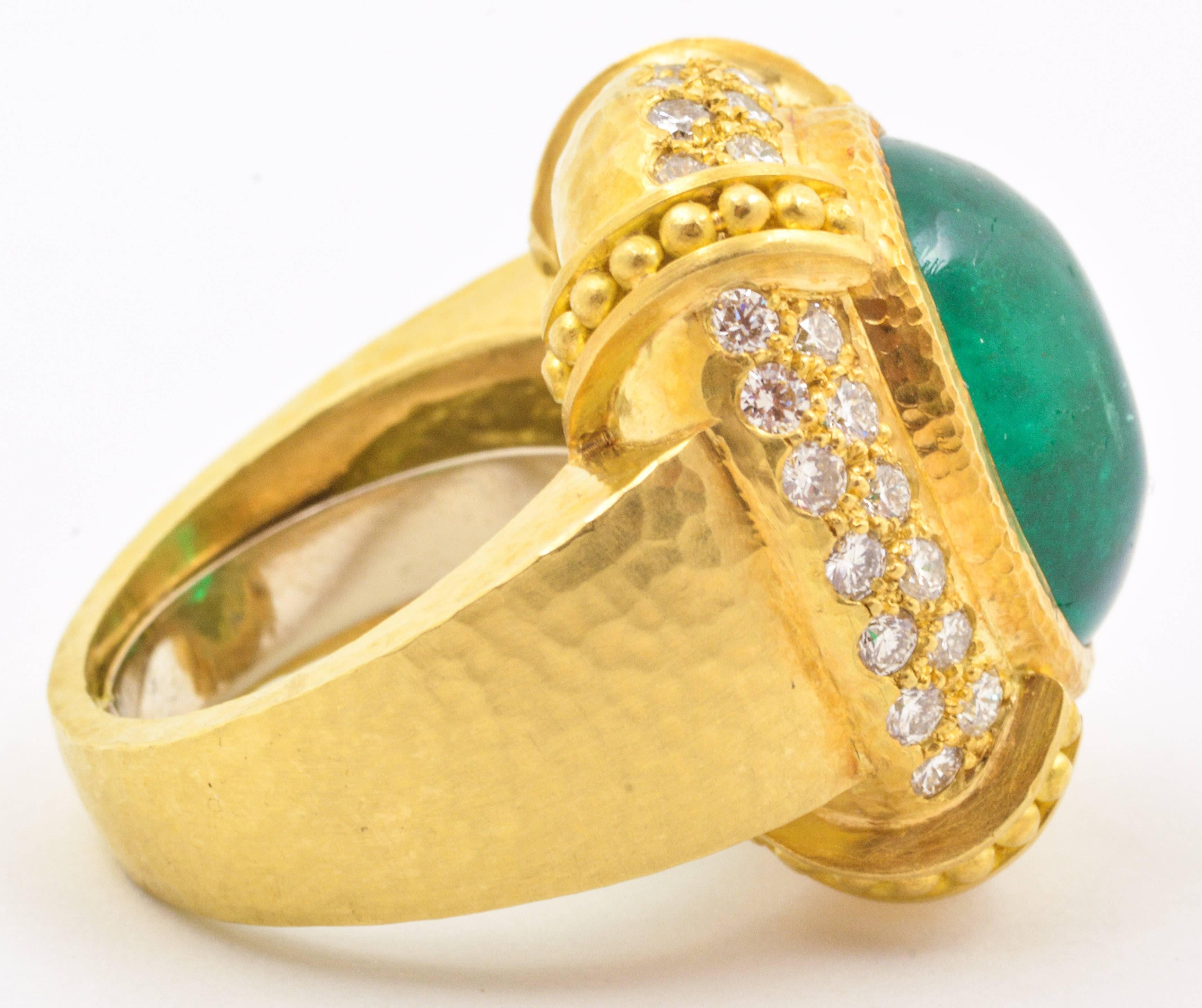 12.59 Carat Cabochon Emerald 1.32 Ct Diamonds Gold Neiman Marcus Ring In Excellent Condition In Dallas, TX