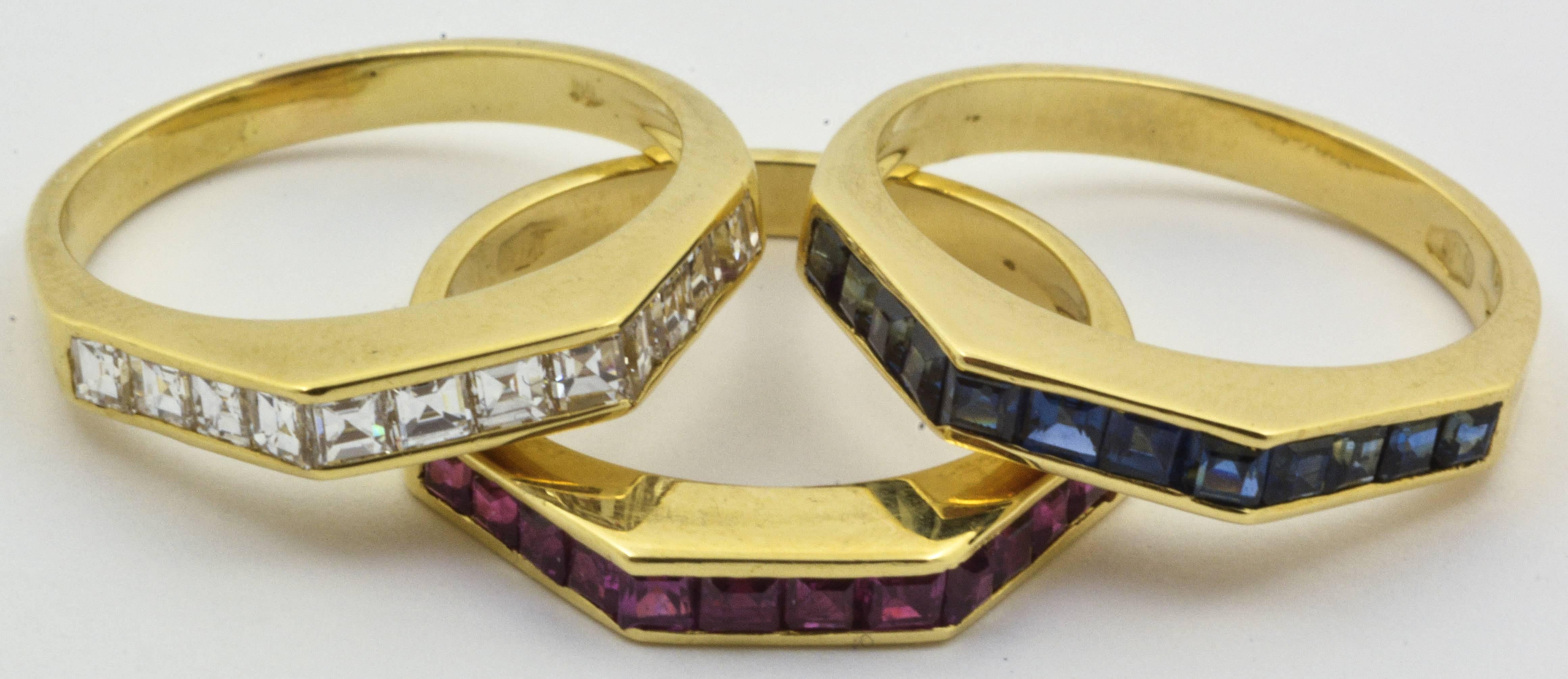 Sapphire Ruby Diamond Gold Stackable Band Rings In Good Condition In Dallas, TX