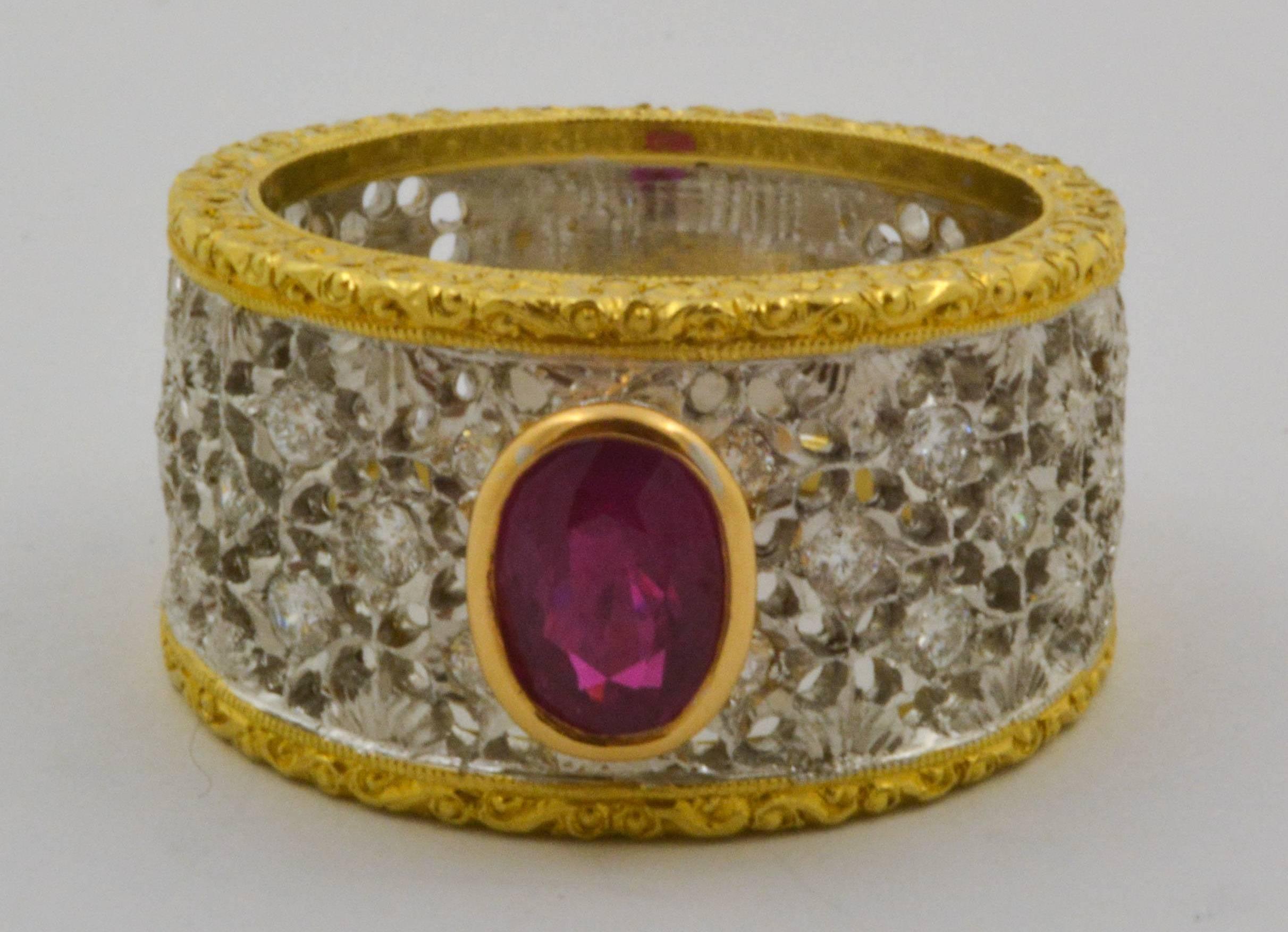 Maini Gioielli Ruby Two Color Gold Bezel Set Filigree Floral Ring In New Condition In Dallas, TX