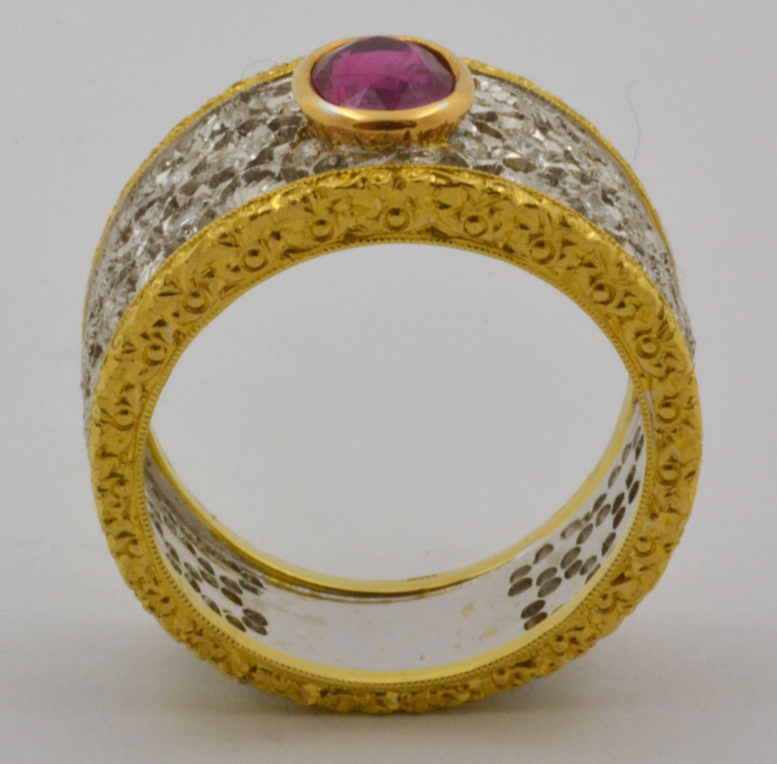 Maini Gioielli Ruby Two Color Gold Bezel Set Filigree Floral Ring 4
