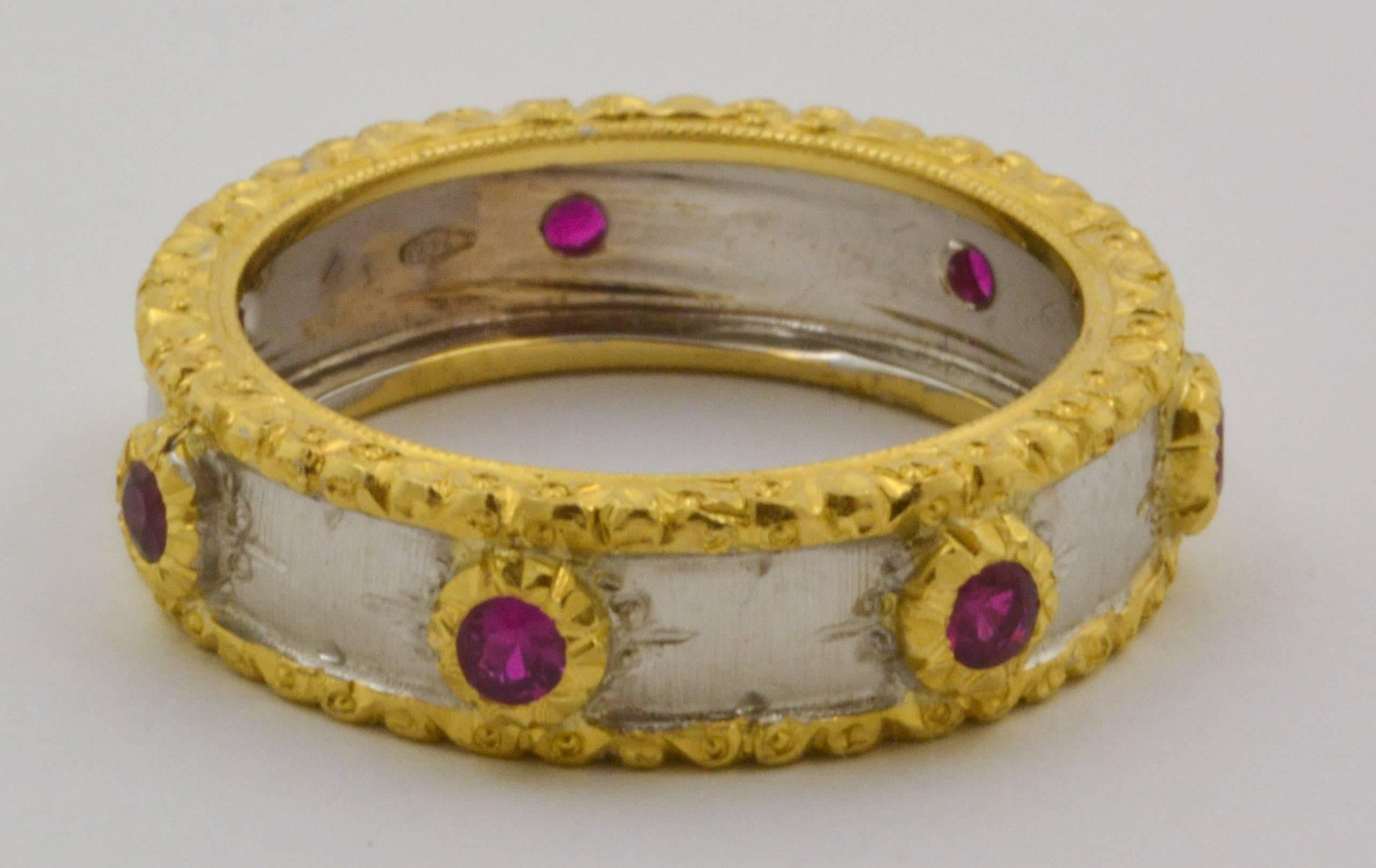 Italian Designed Ruby Two Color Gold Bezel Set Ring, Hand Engraved Finish In New Condition In Dallas, TX