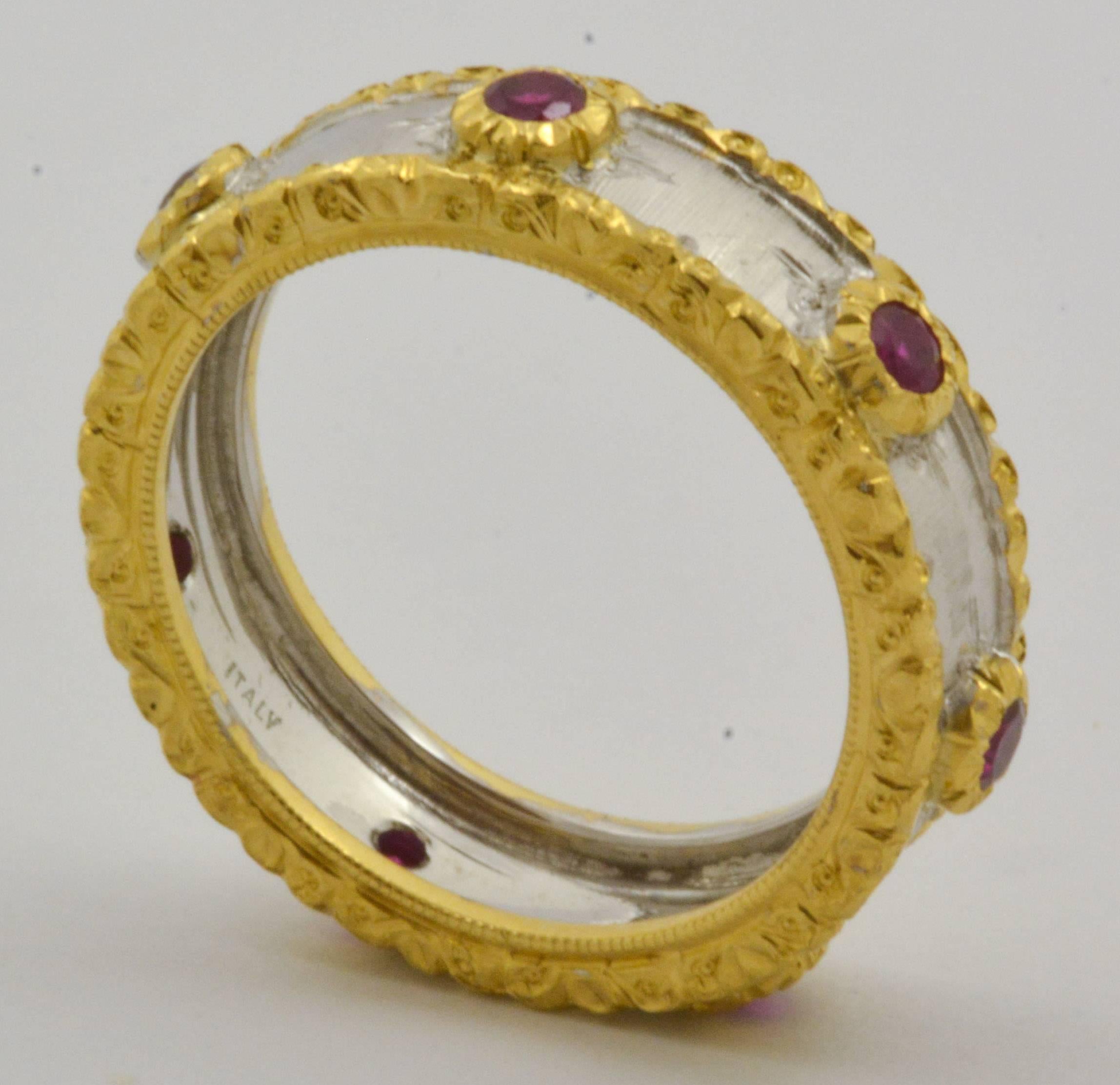 Women's Italian Designed Ruby Two Color Gold Bezel Set Ring, Hand Engraved Finish