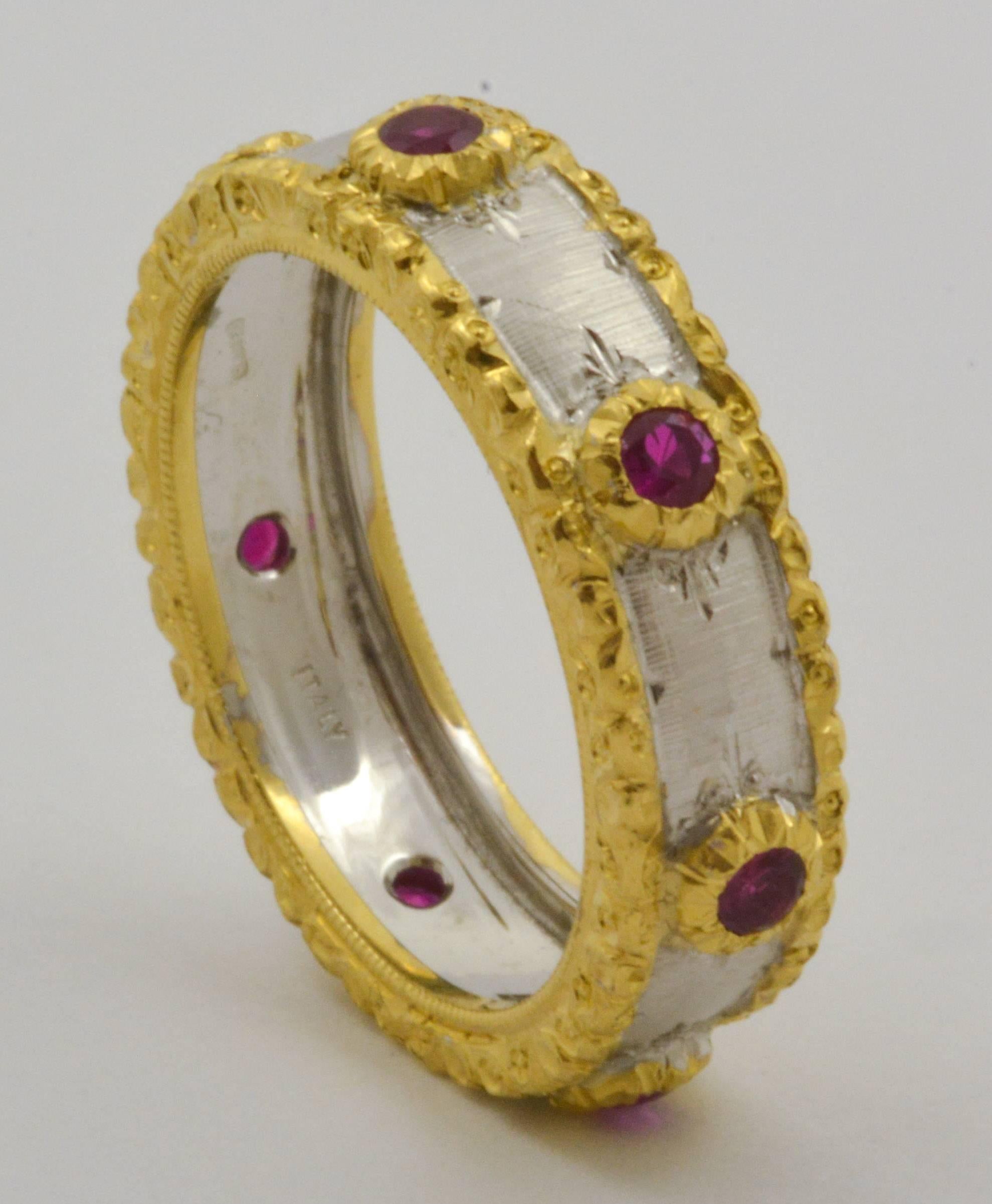 Italian Designed Ruby Two Color Gold Bezel Set Ring, Hand Engraved Finish 1