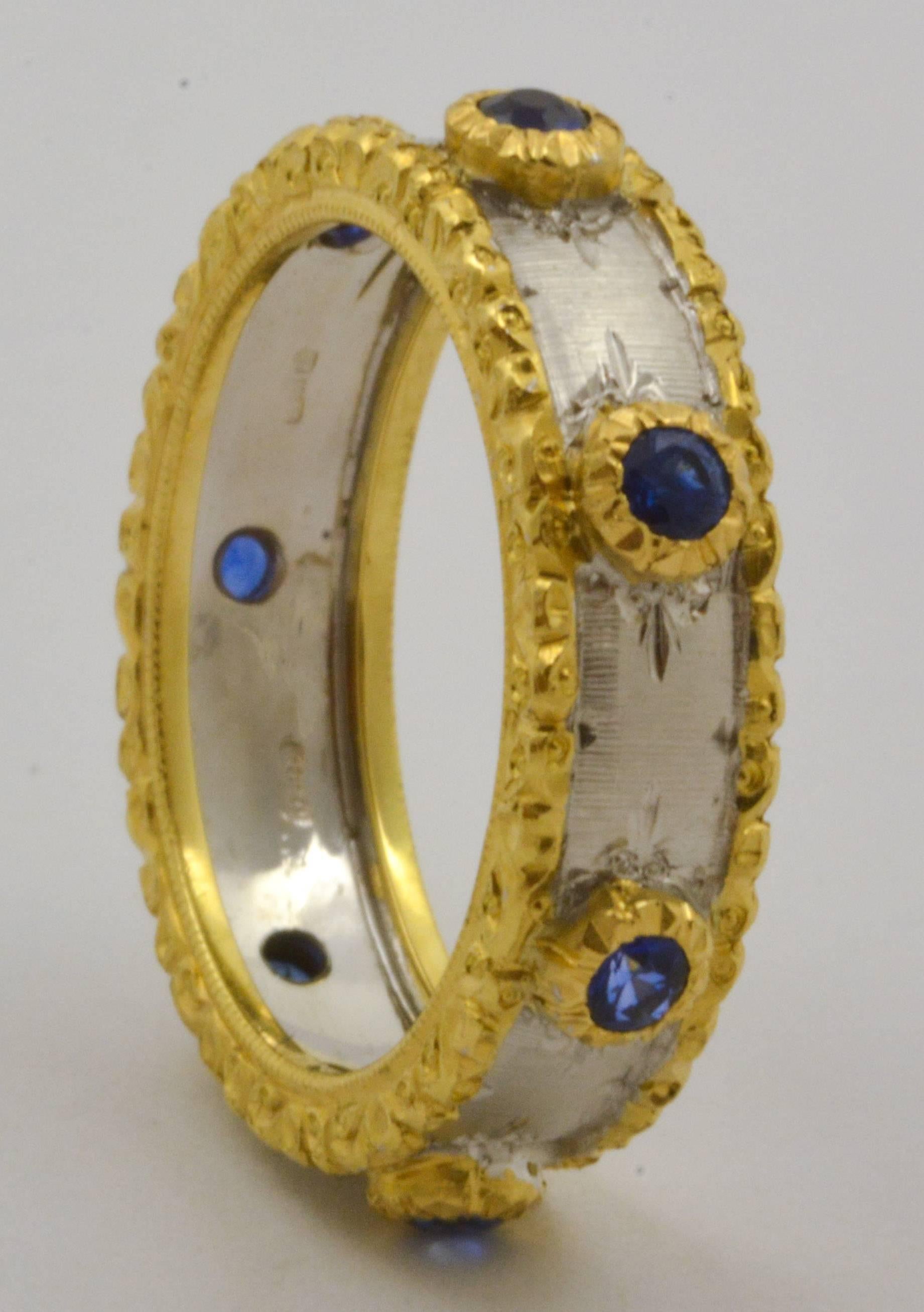 Italian Maini Gioielli Sapphire 18 Karat Gold Hand Engraved Ring 1