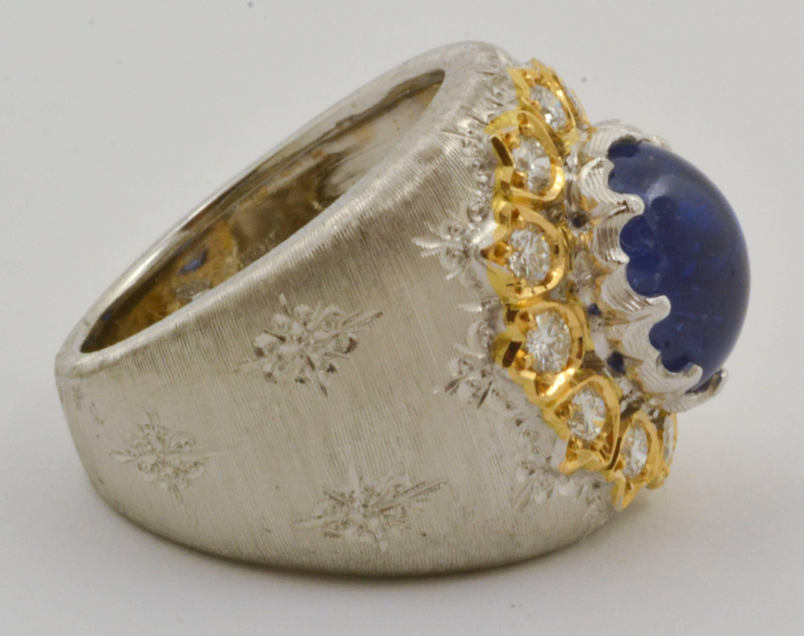 Cabochon 5 Carat Sapphire & Diamond Hand Engraved 18 Karat White Gold Band Ring