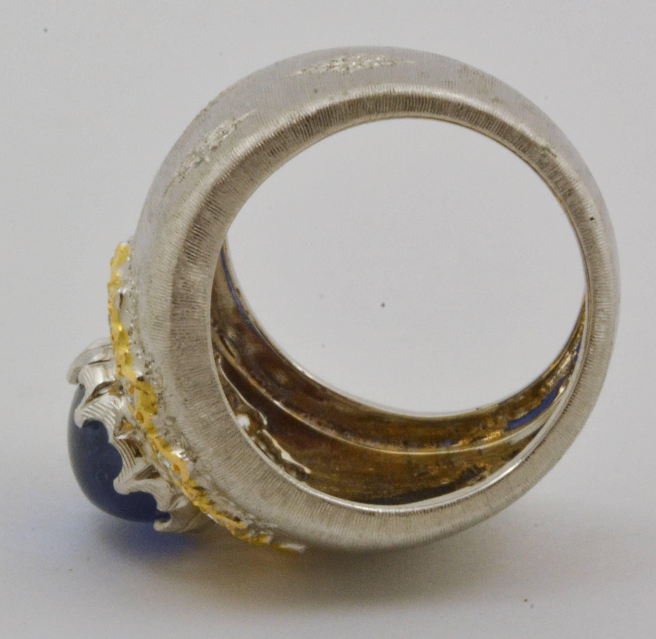 5 Carat Sapphire & Diamond Hand Engraved 18 Karat White Gold Band Ring 1