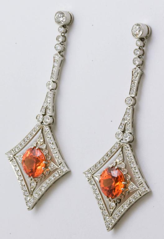 Mandarin Garnet Diamond Platinum Drop Earrings For Sale at 1stdibs