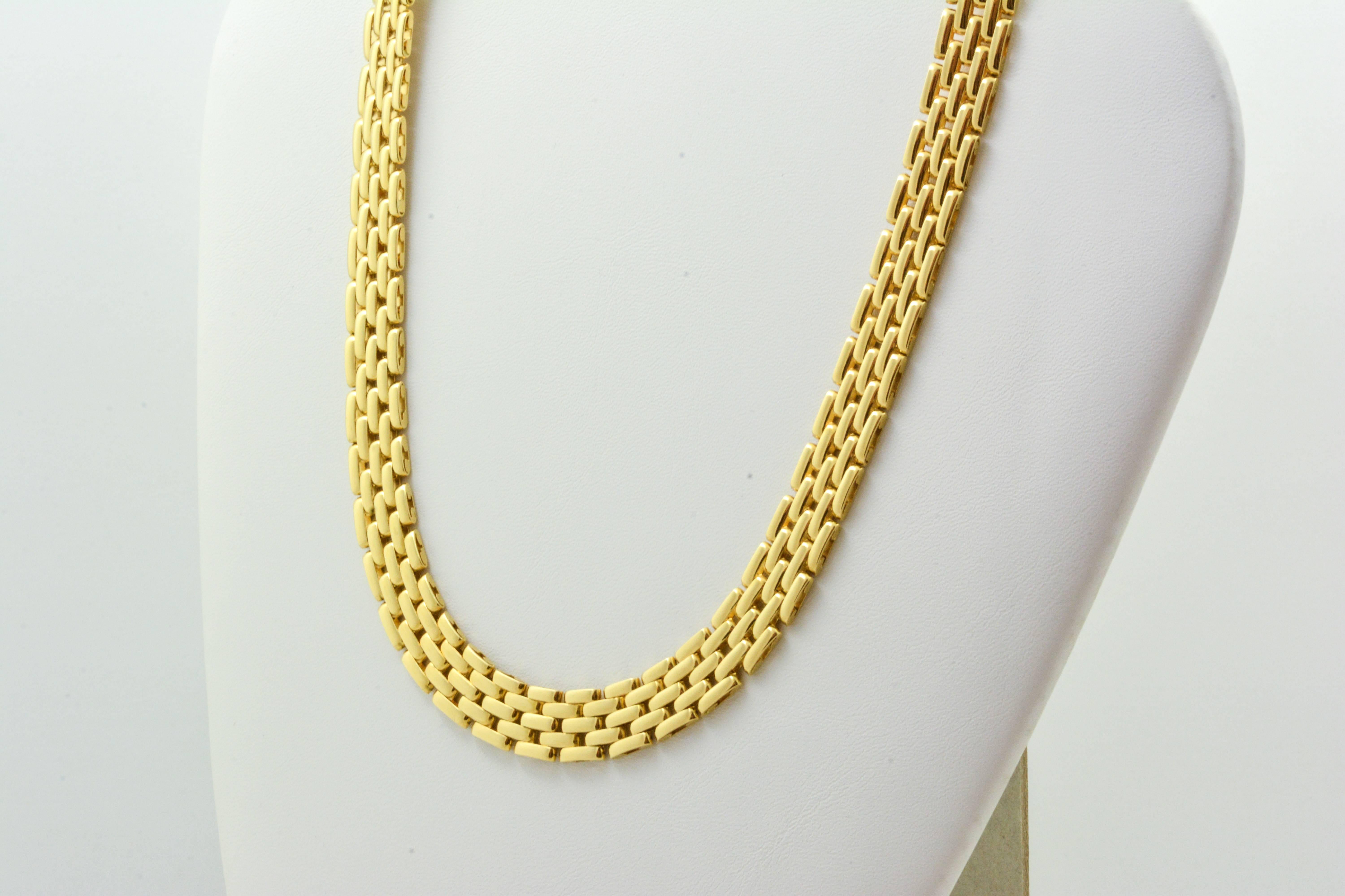This estate 18kt yellow gold necklace is sure to be the star of any ensemble with its 10.7mm wide five brick stack links and its high polish finish. Measuring 16.5in long, this necklace clasps with a hidden box and tongue clasp, keeping its style