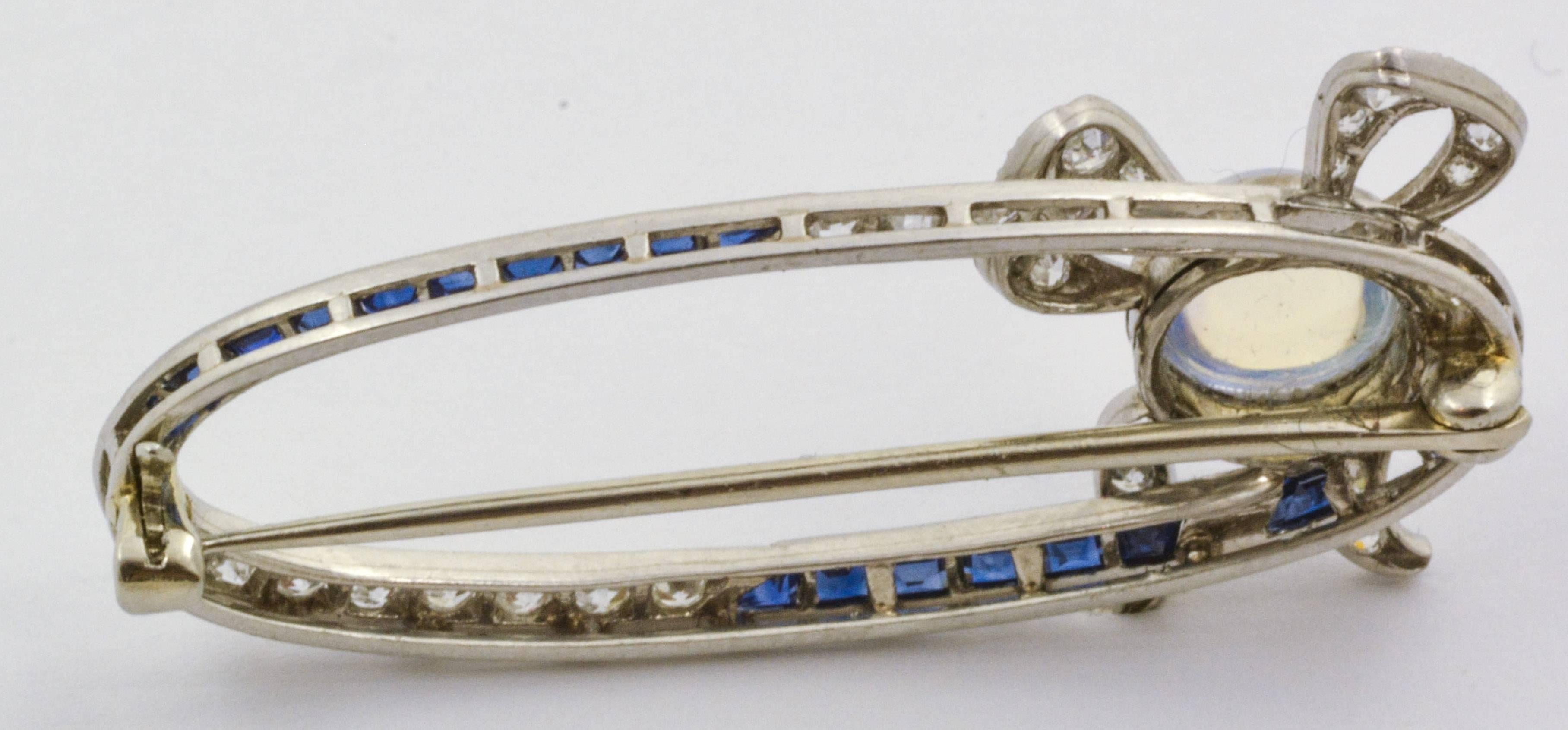 Art Deco Sapphire Moonstone Diamond Platinum Open Oval Bow Brooch Pin In Excellent Condition In Dallas, TX