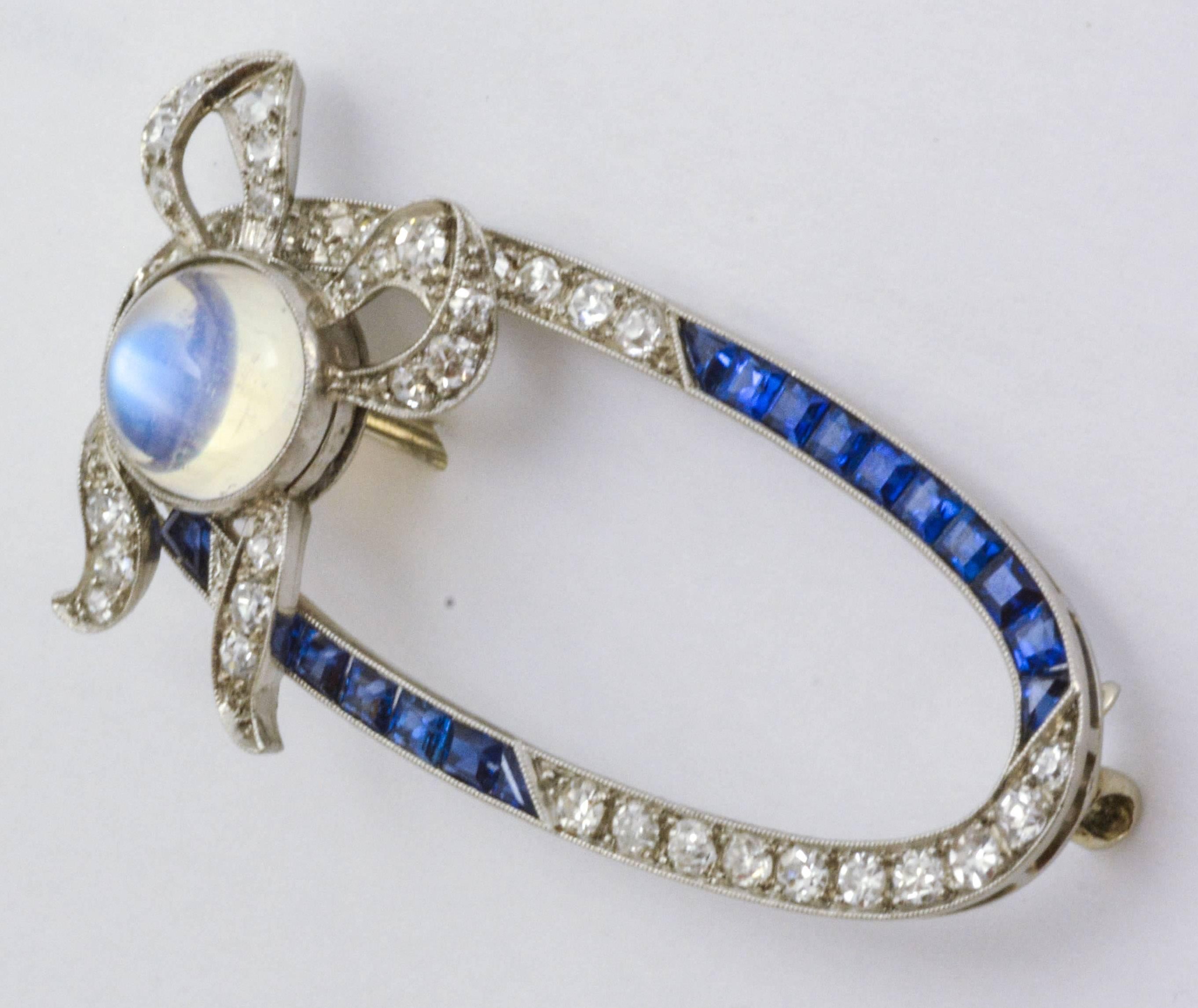 Women's Art Deco Sapphire Moonstone Diamond Platinum Open Oval Bow Brooch Pin