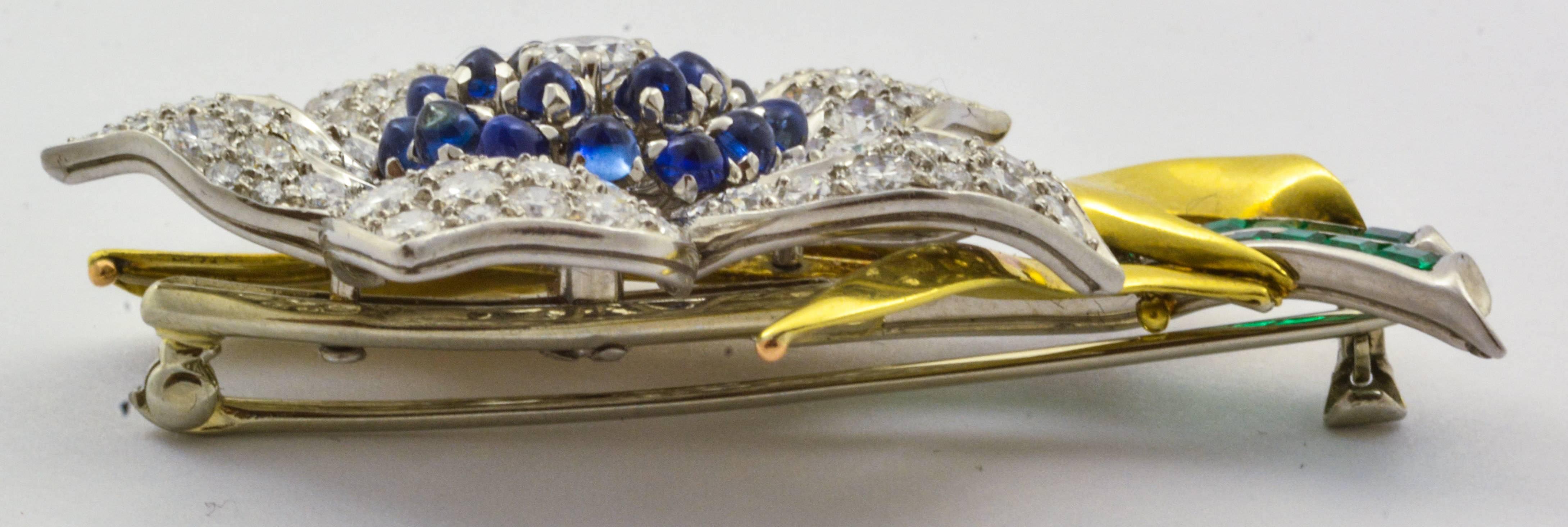 Women's Sapphire Emerald Diamond Gold Platinum Flower Brooch