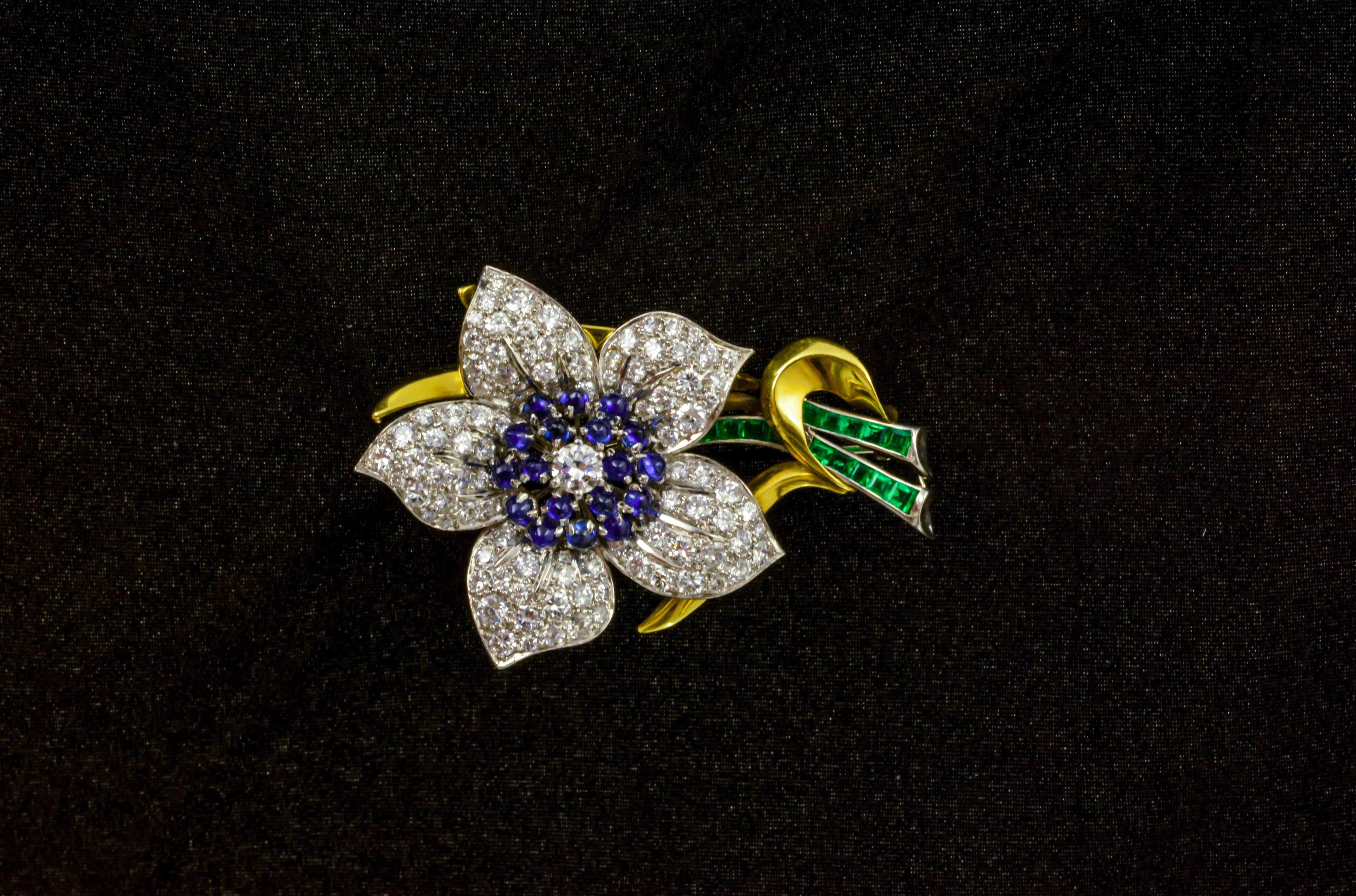 Sapphire Emerald Diamond Gold Platinum Flower Brooch 1