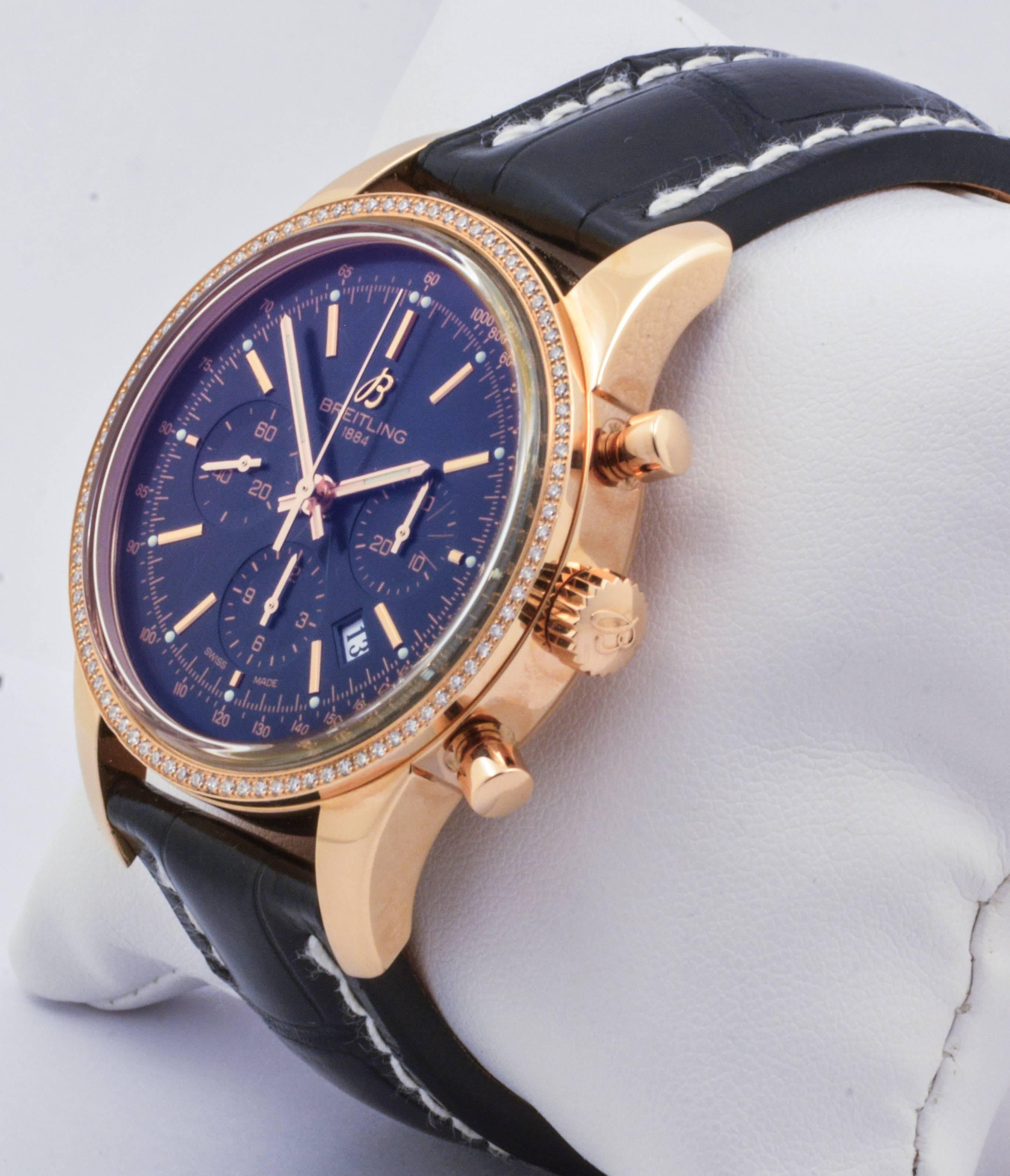 Breitling Rose Gold Diamond Bezel Transocean Chronograph Wristwatch 3