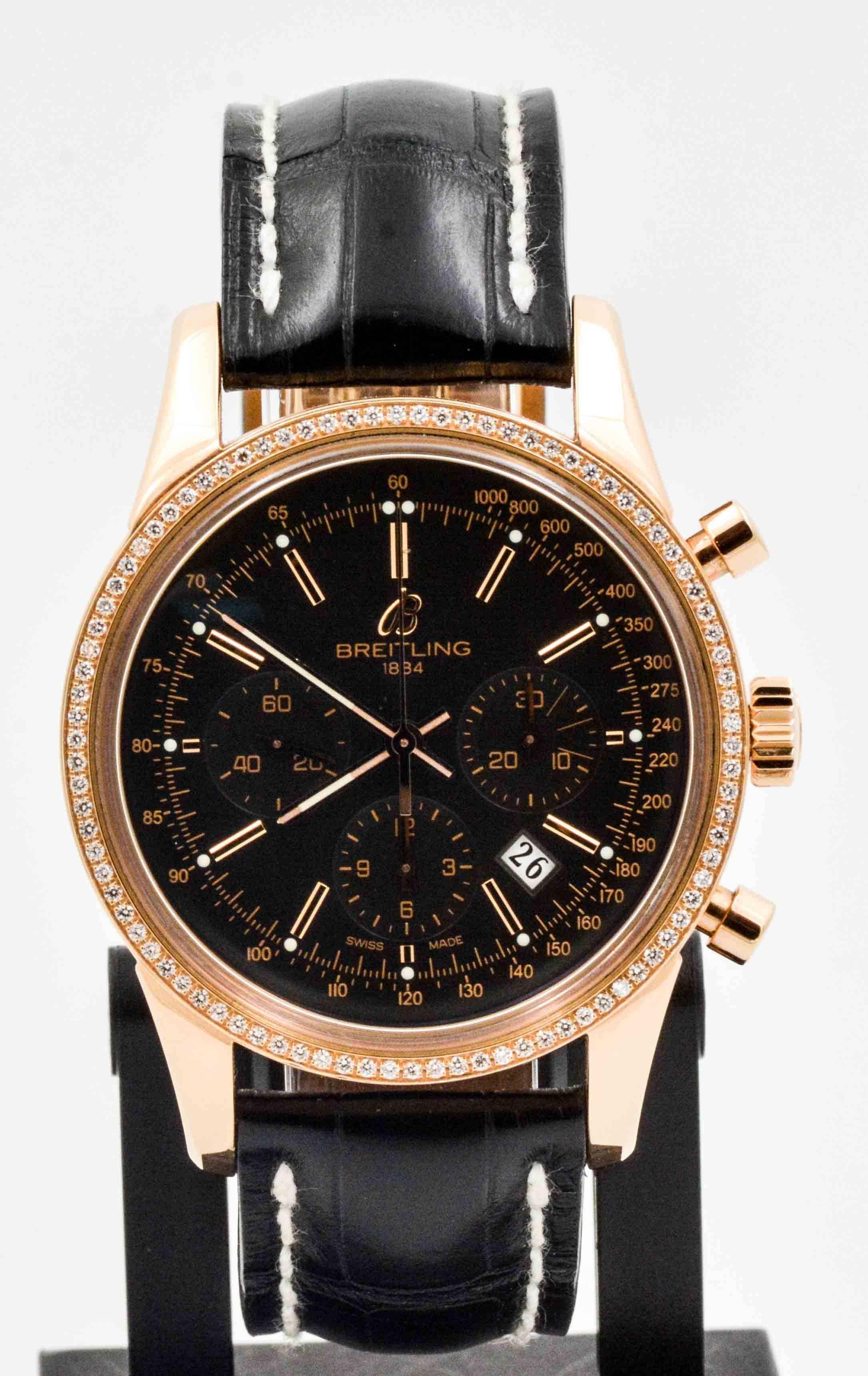 A man who wears Breitling will be confident he is well dressed. This 2014 watch, fashioned with a breathtaking 18 karat rose gold Transocean 42mm chronograph, is a certified pre-owned Breitling piece that is sure to impress. Featuring a black dial,