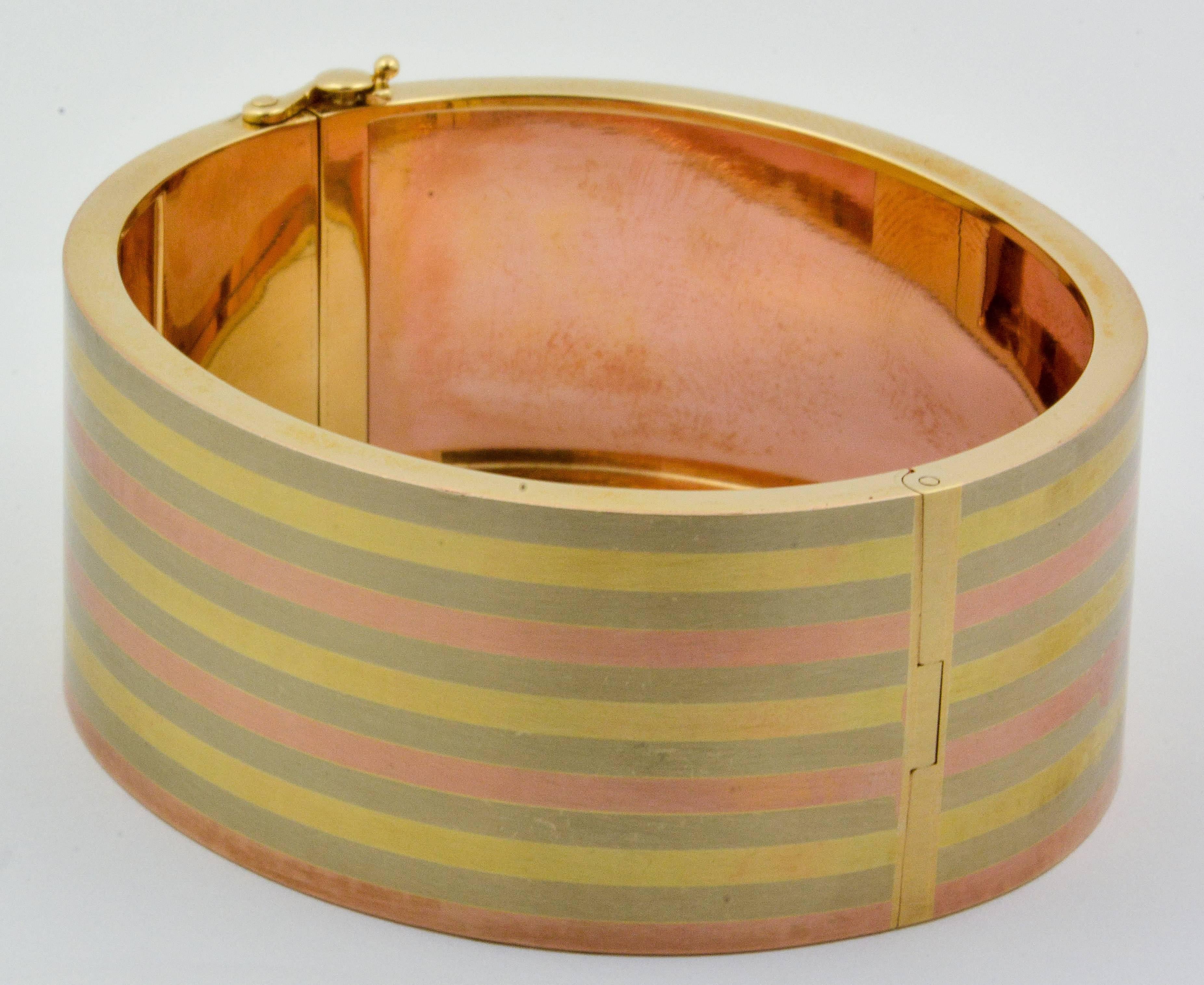 Modern Three Color Gold Striped Hinged Bangle Bracelet