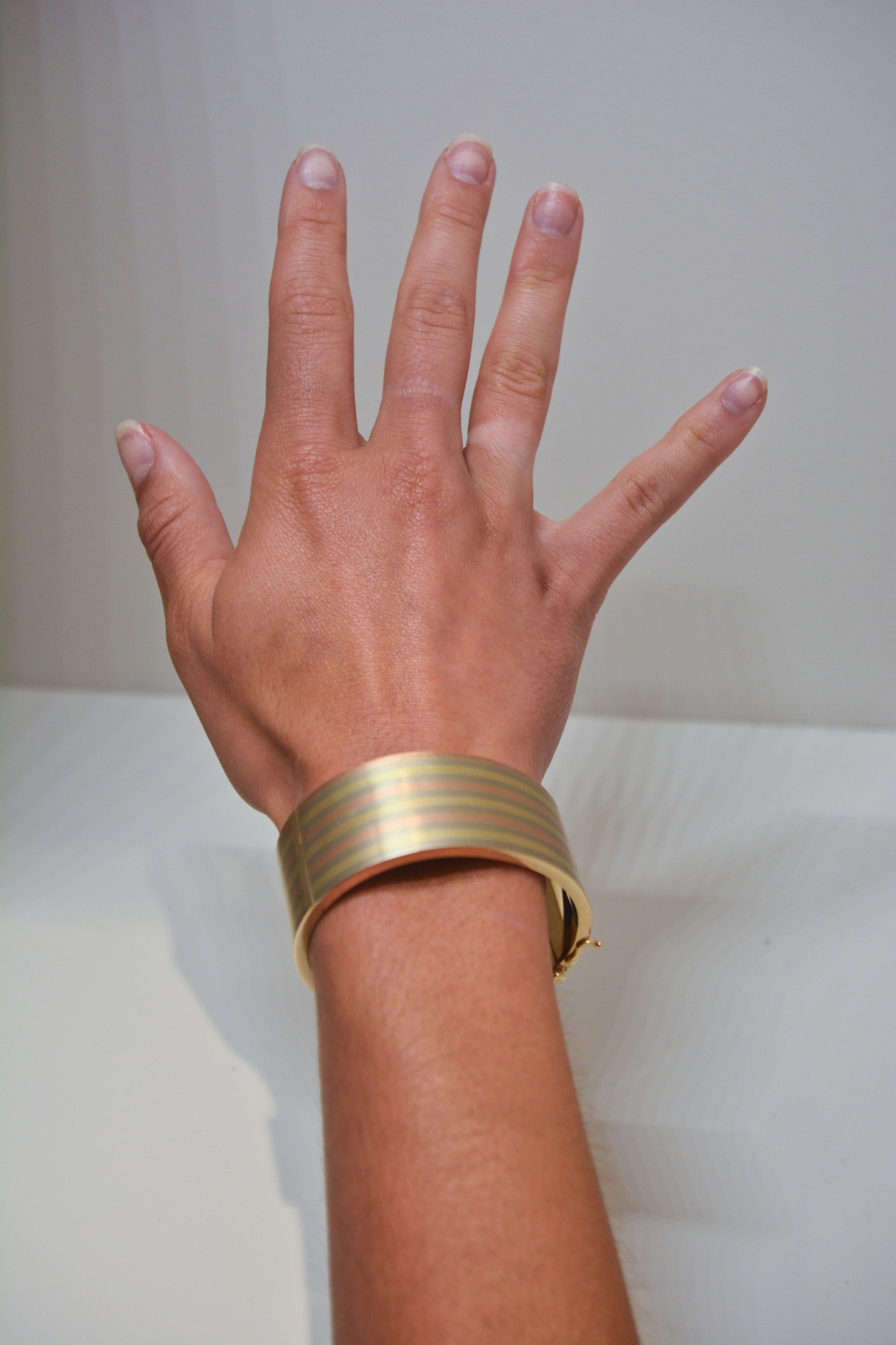 Three Color Gold Striped Hinged Bangle Bracelet 2