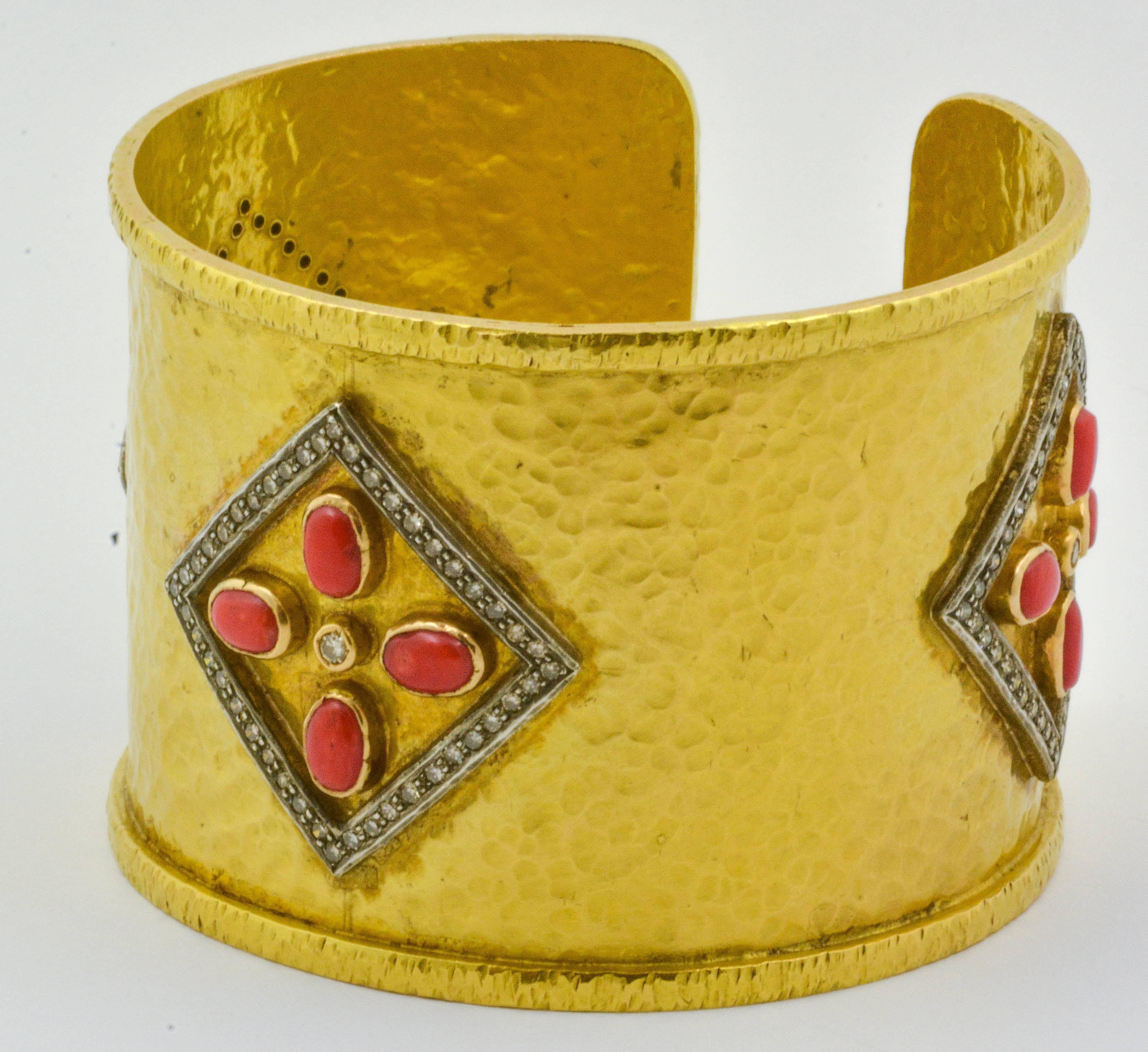 Women's or Men's Coral Diamond Gold Hammered Cuff Bracelet