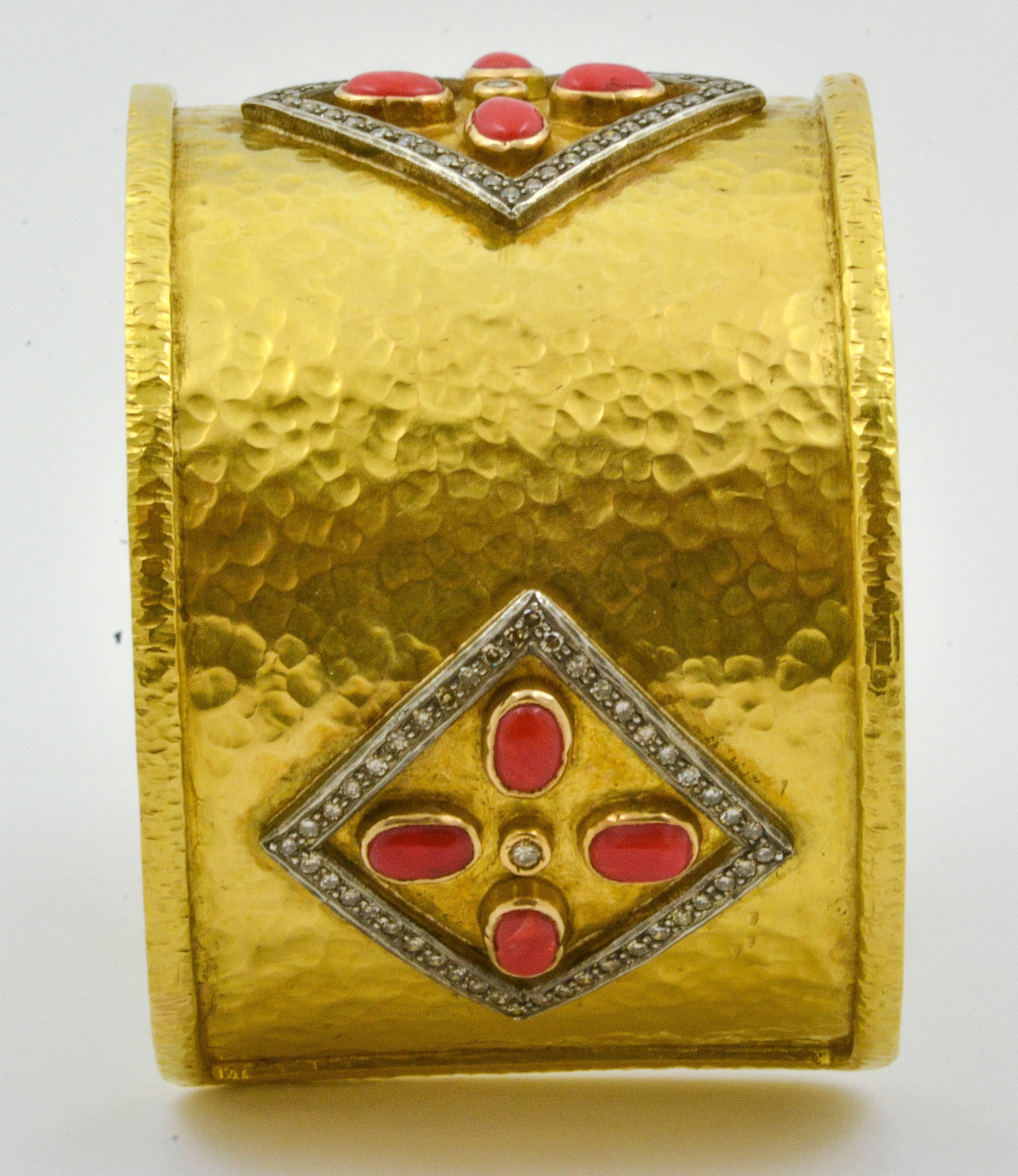 Coral Diamond Gold Hammered Cuff Bracelet 1